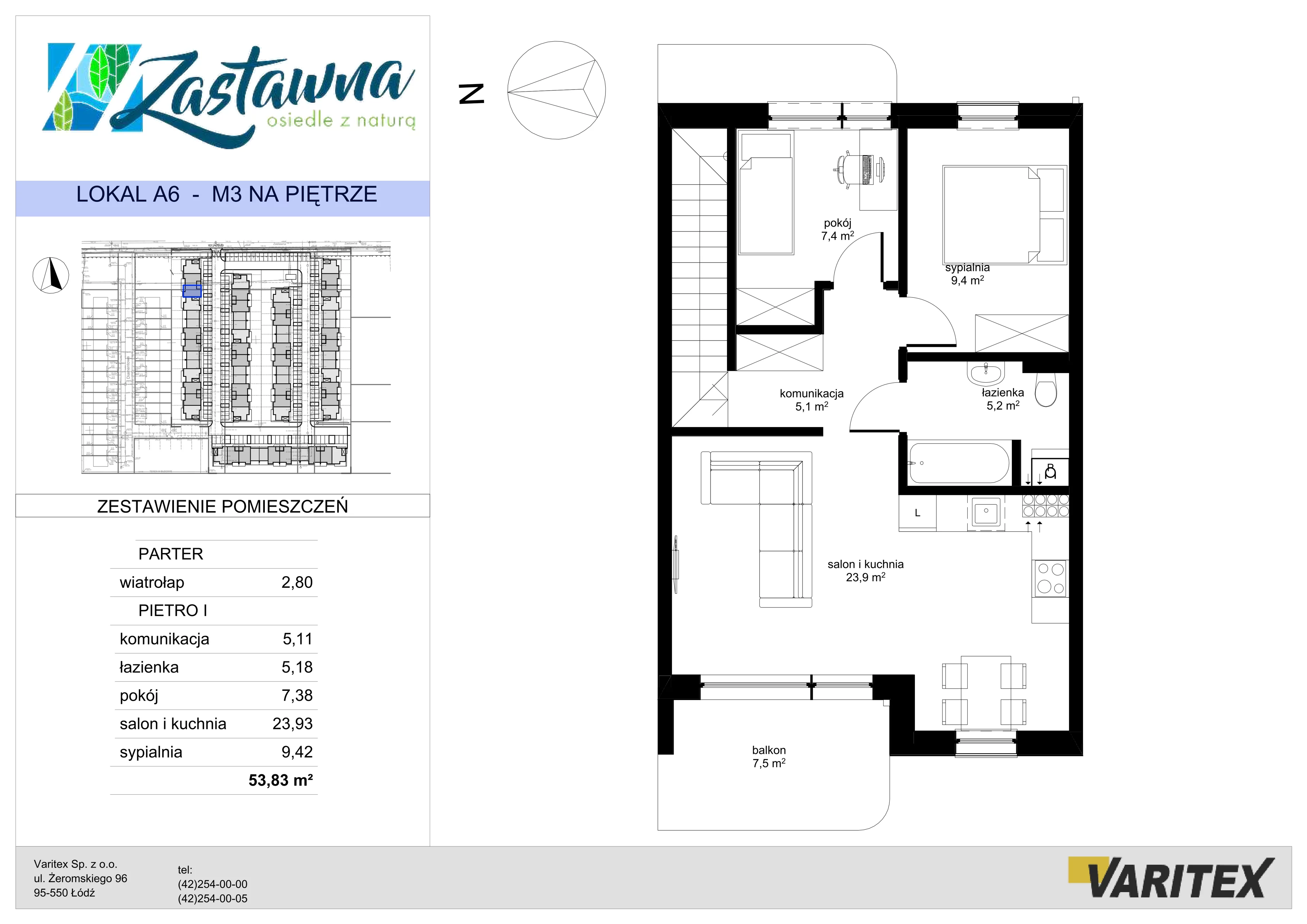 3 pokoje, mieszkanie 53,83 m², piętro 1, oferta nr A.6, Zastawna, Łódź, Górna, ul. Zastawna