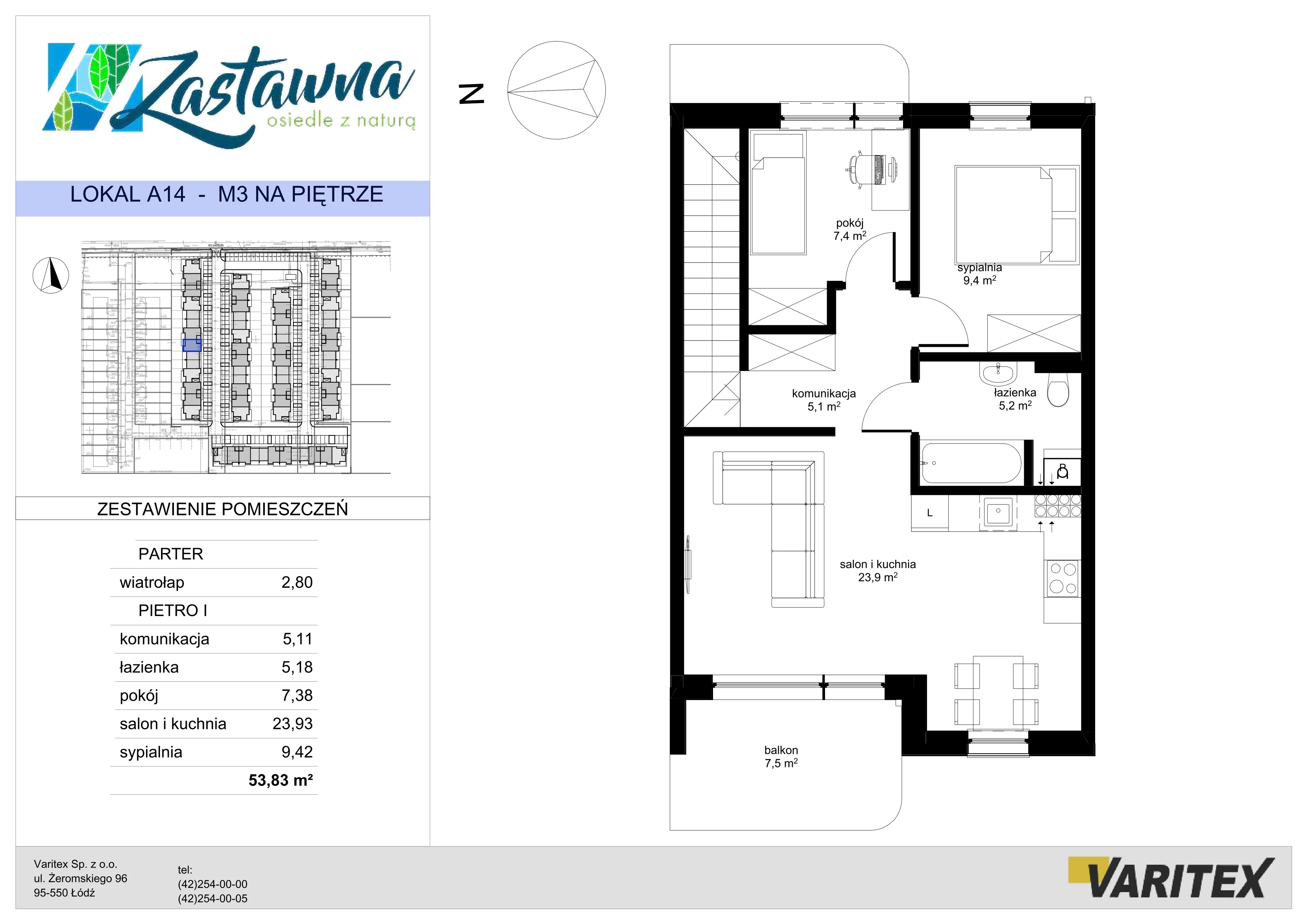 3 pokoje, mieszkanie 53,83 m², piętro 1, oferta nr A.14, Zastawna, Łódź, Górna, ul. Zastawna