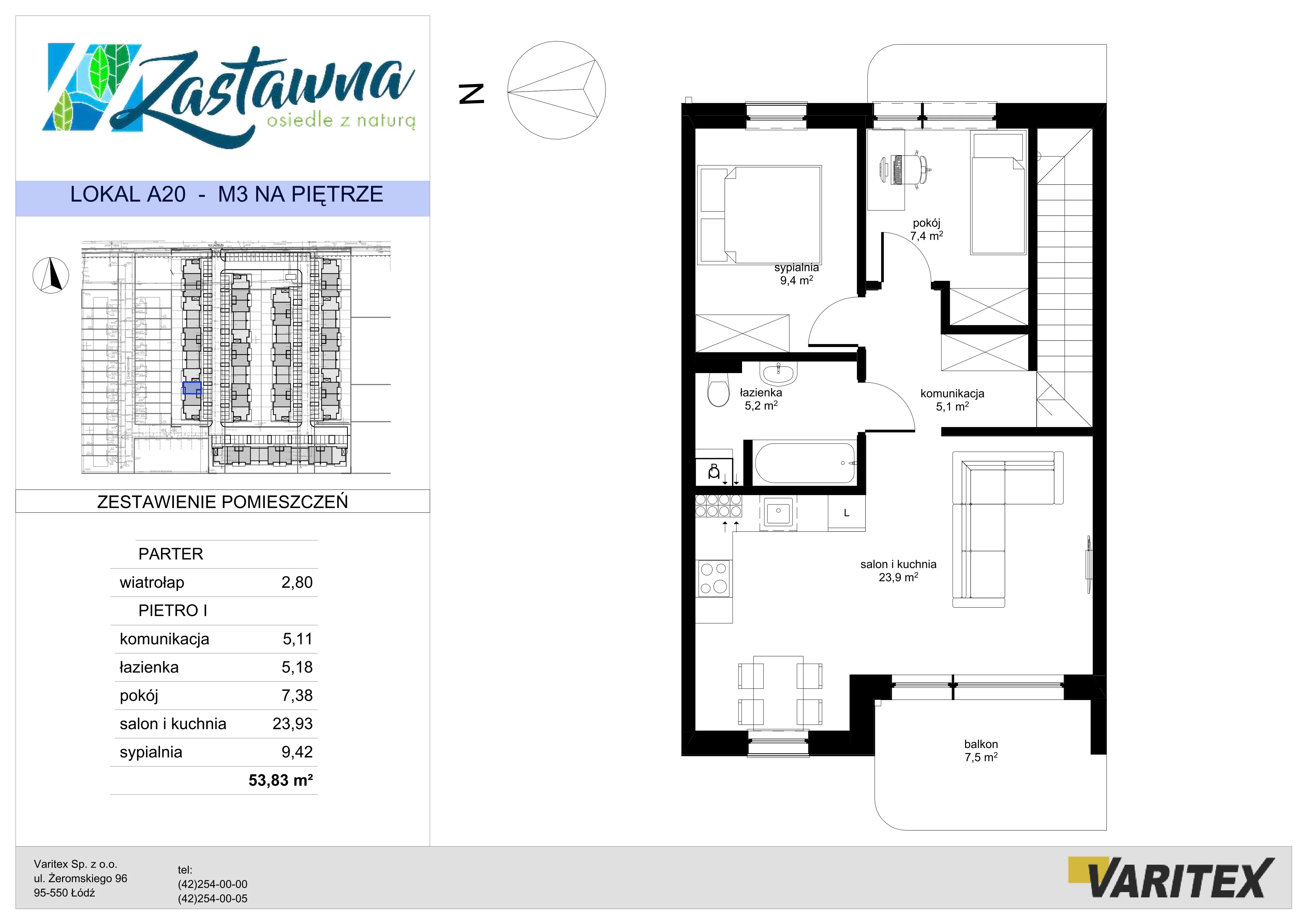 3 pokoje, mieszkanie 53,83 m², piętro 1, oferta nr A.20, Zastawna, Łódź, Górna, ul. Zastawna