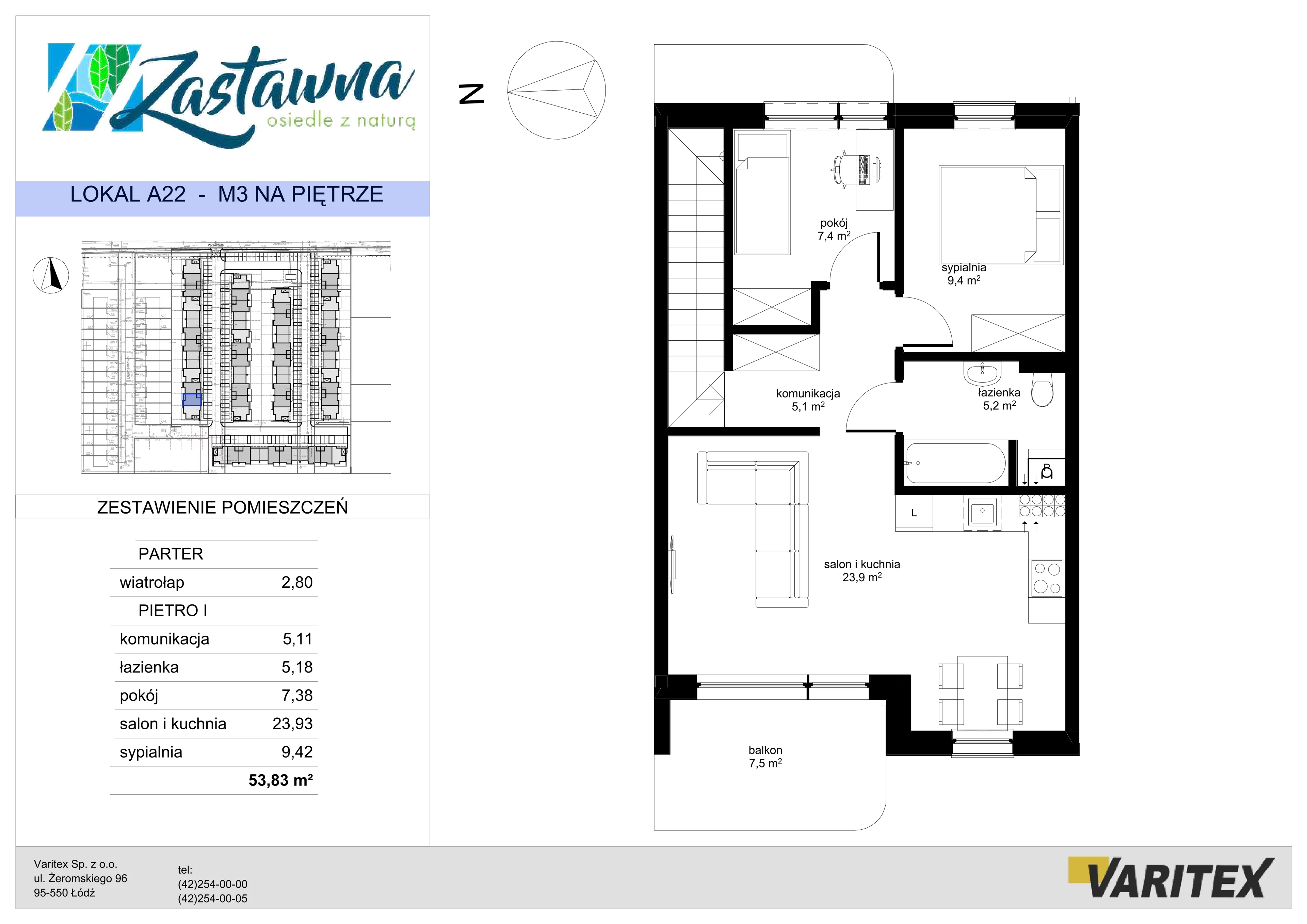 3 pokoje, mieszkanie 53,83 m², piętro 1, oferta nr A.22, Zastawna, Łódź, Górna, ul. Zastawna