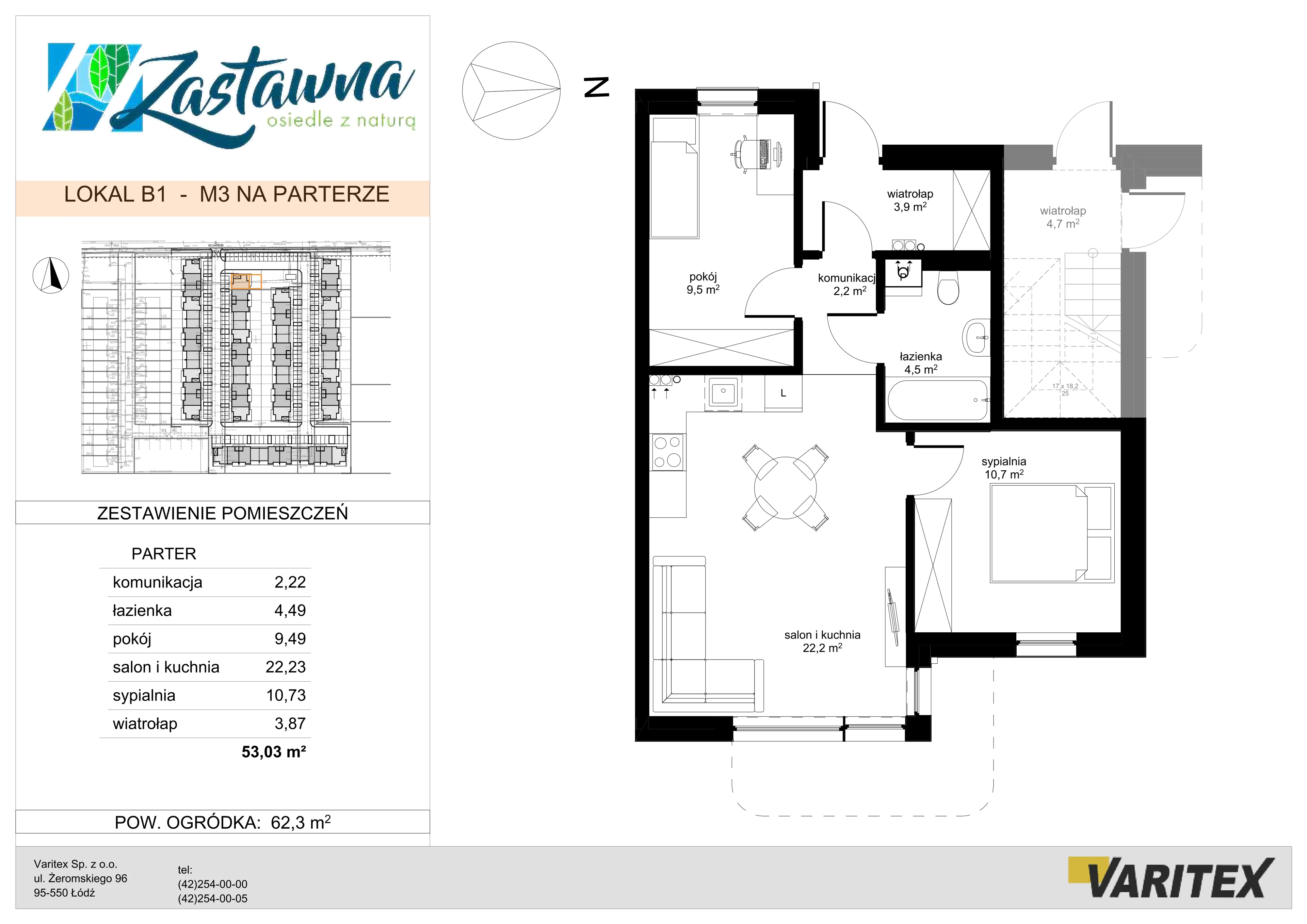 3 pokoje, mieszkanie 53,03 m², parter, oferta nr B.1, Zastawna, Łódź, Górna, ul. Zastawna