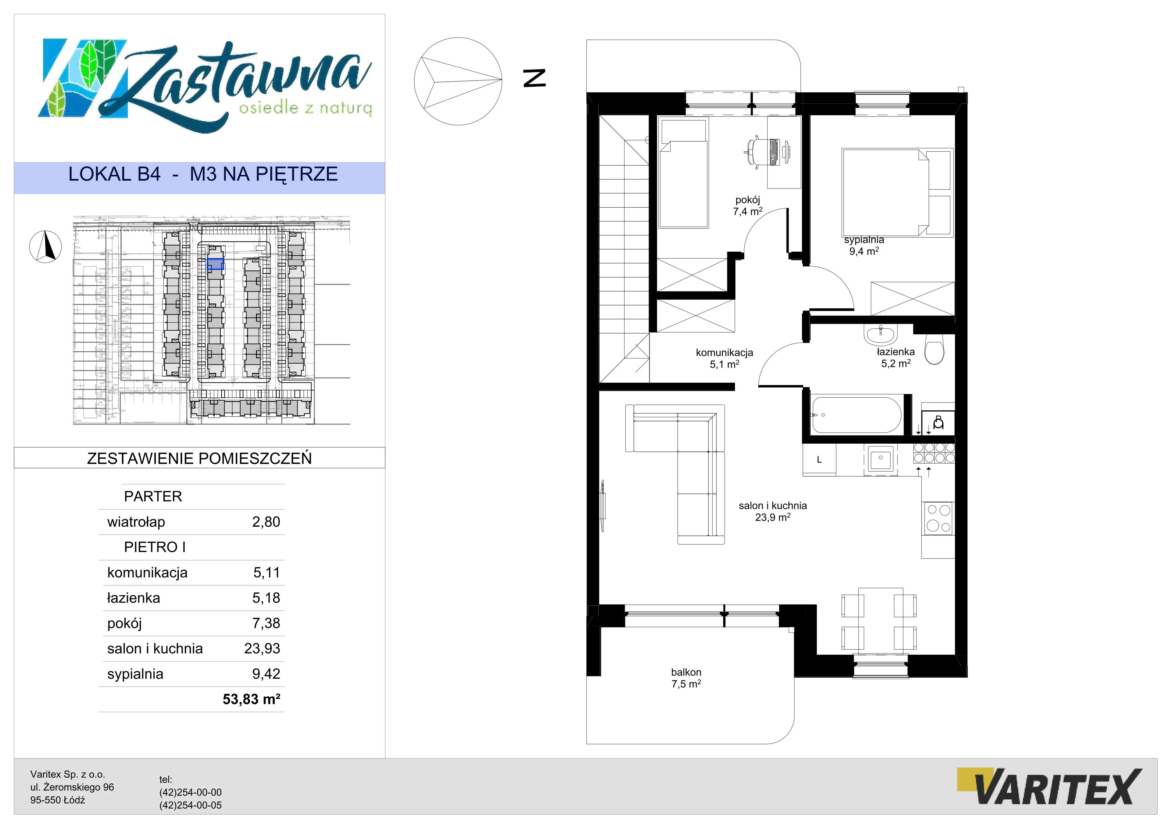 3 pokoje, mieszkanie 53,83 m², piętro 1, oferta nr B.4, Zastawna, Łódź, Górna, ul. Zastawna