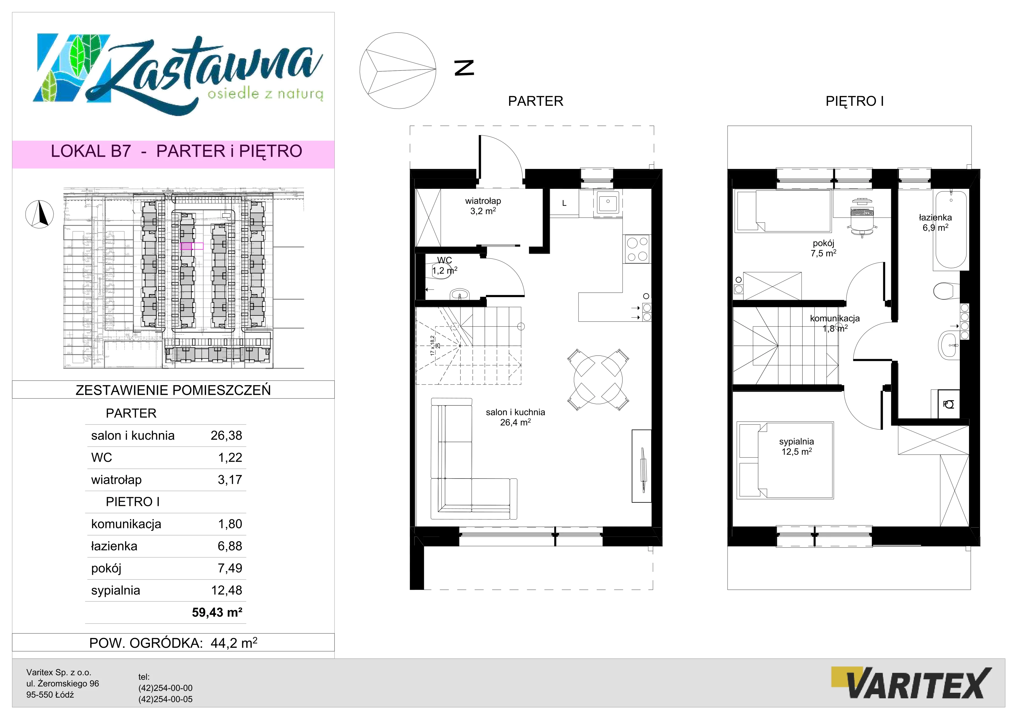 3 pokoje, mieszkanie 59,43 m², parter, oferta nr B.7, Zastawna, Łódź, Górna, ul. Zastawna