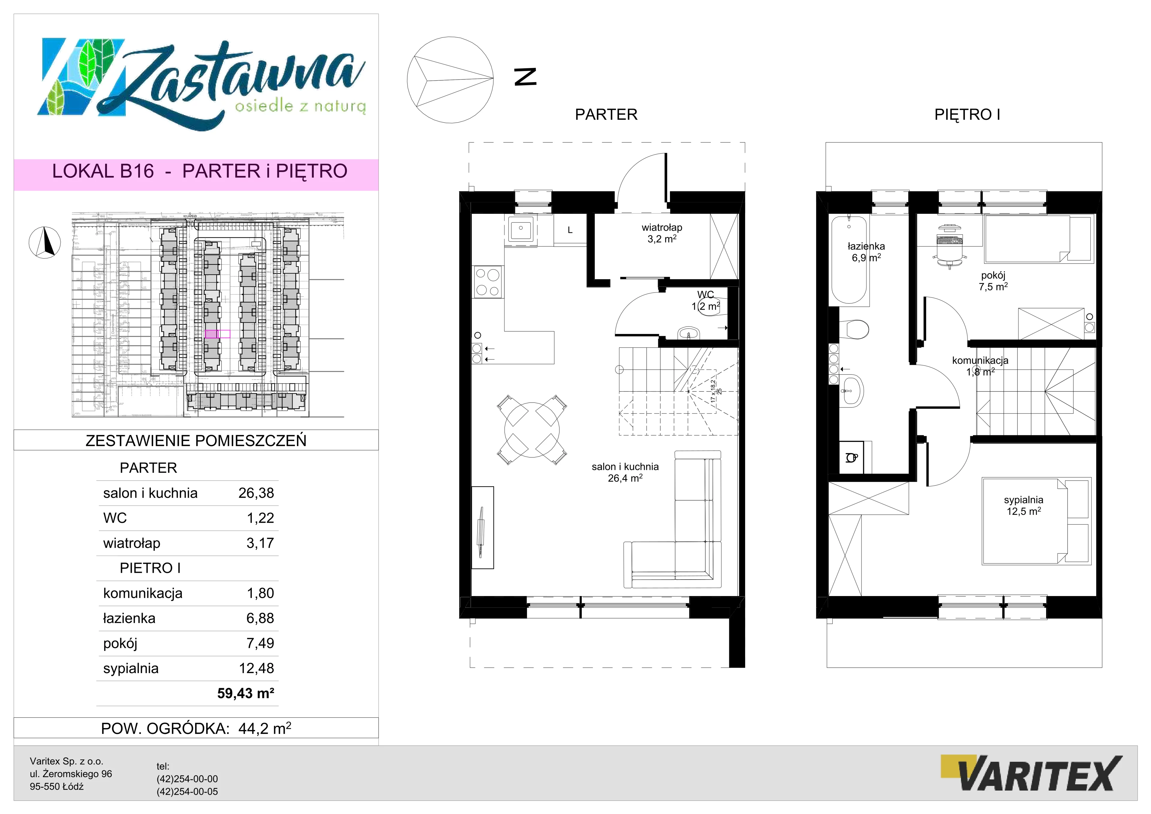 3 pokoje, mieszkanie 59,43 m², parter, oferta nr B.16, Zastawna, Łódź, Górna, ul. Zastawna