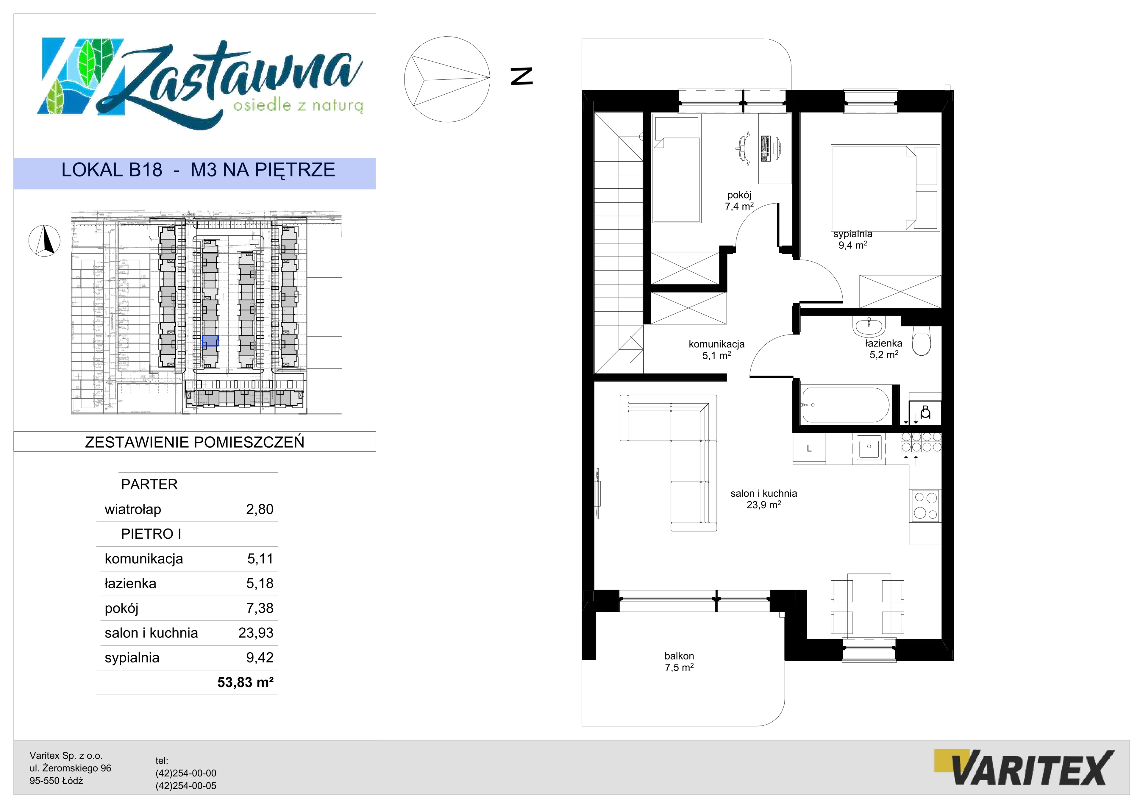 3 pokoje, mieszkanie 53,83 m², piętro 1, oferta nr B.18, Zastawna, Łódź, Górna, ul. Zastawna
