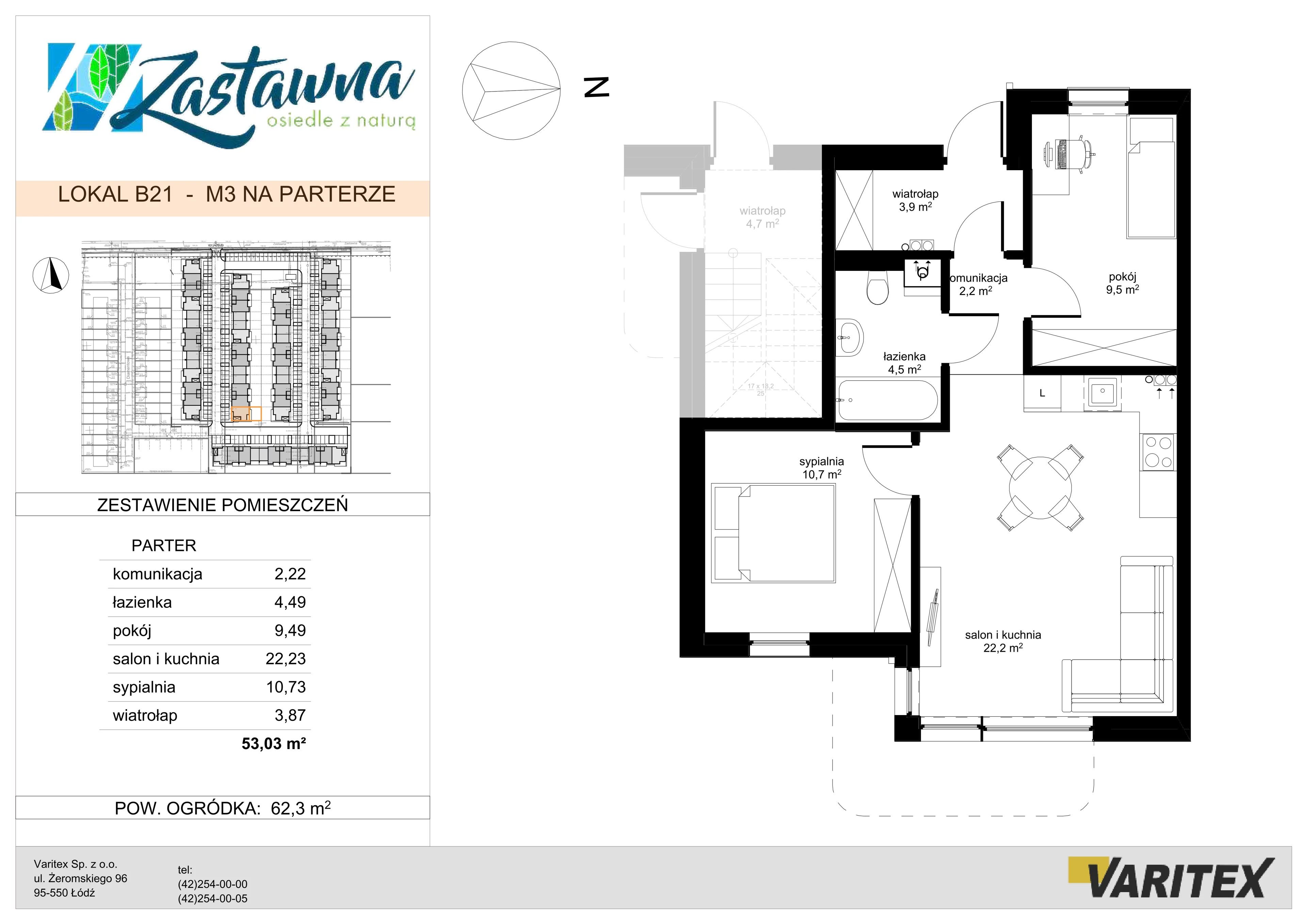 3 pokoje, mieszkanie 53,03 m², parter, oferta nr B.21, Zastawna, Łódź, Górna, ul. Zastawna