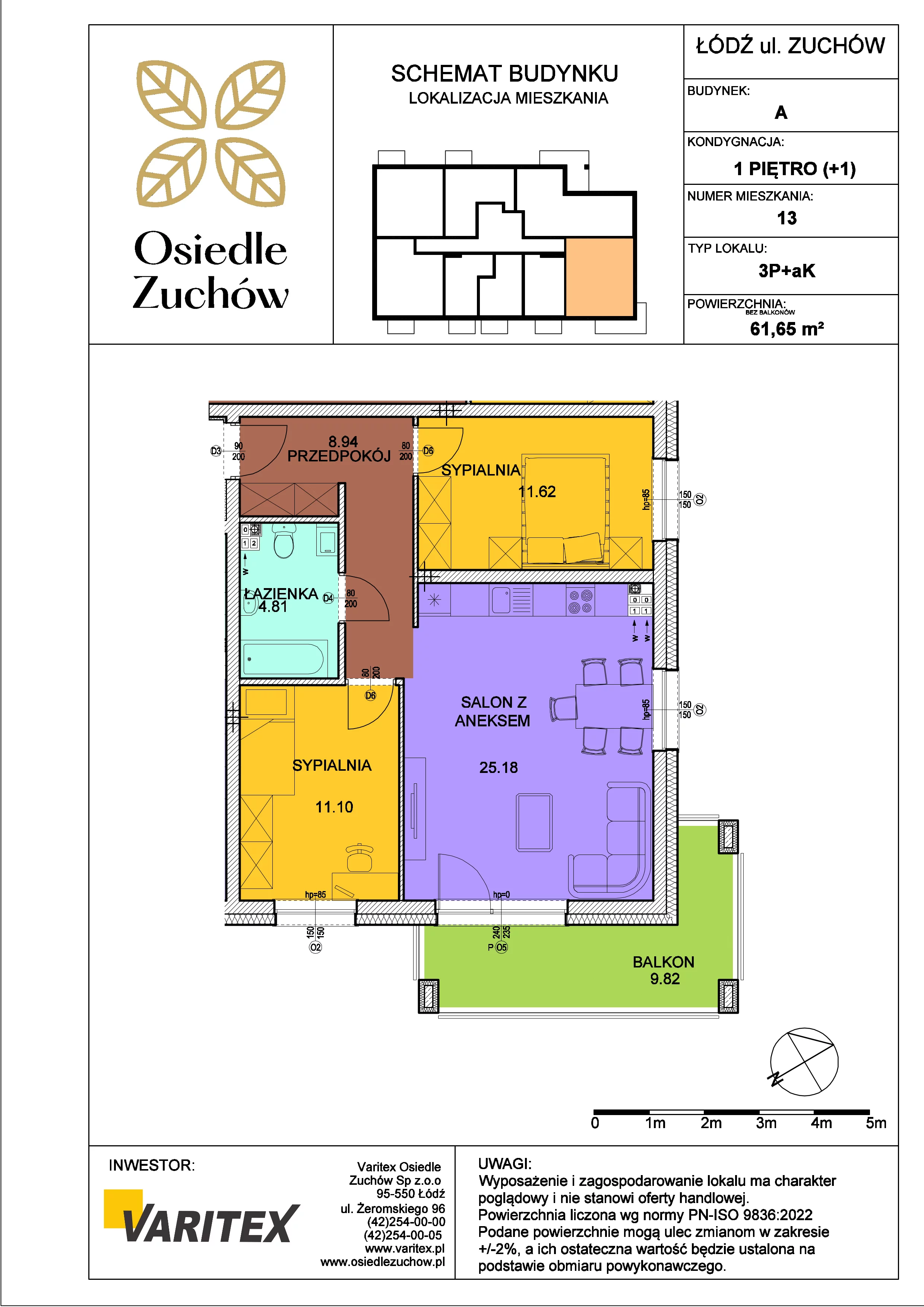 3 pokoje, mieszkanie 61,65 m², piętro 1, oferta nr A13, Osiedle Zuchów, Łódź, Górna, Rokicie, ul. Zuchów 4