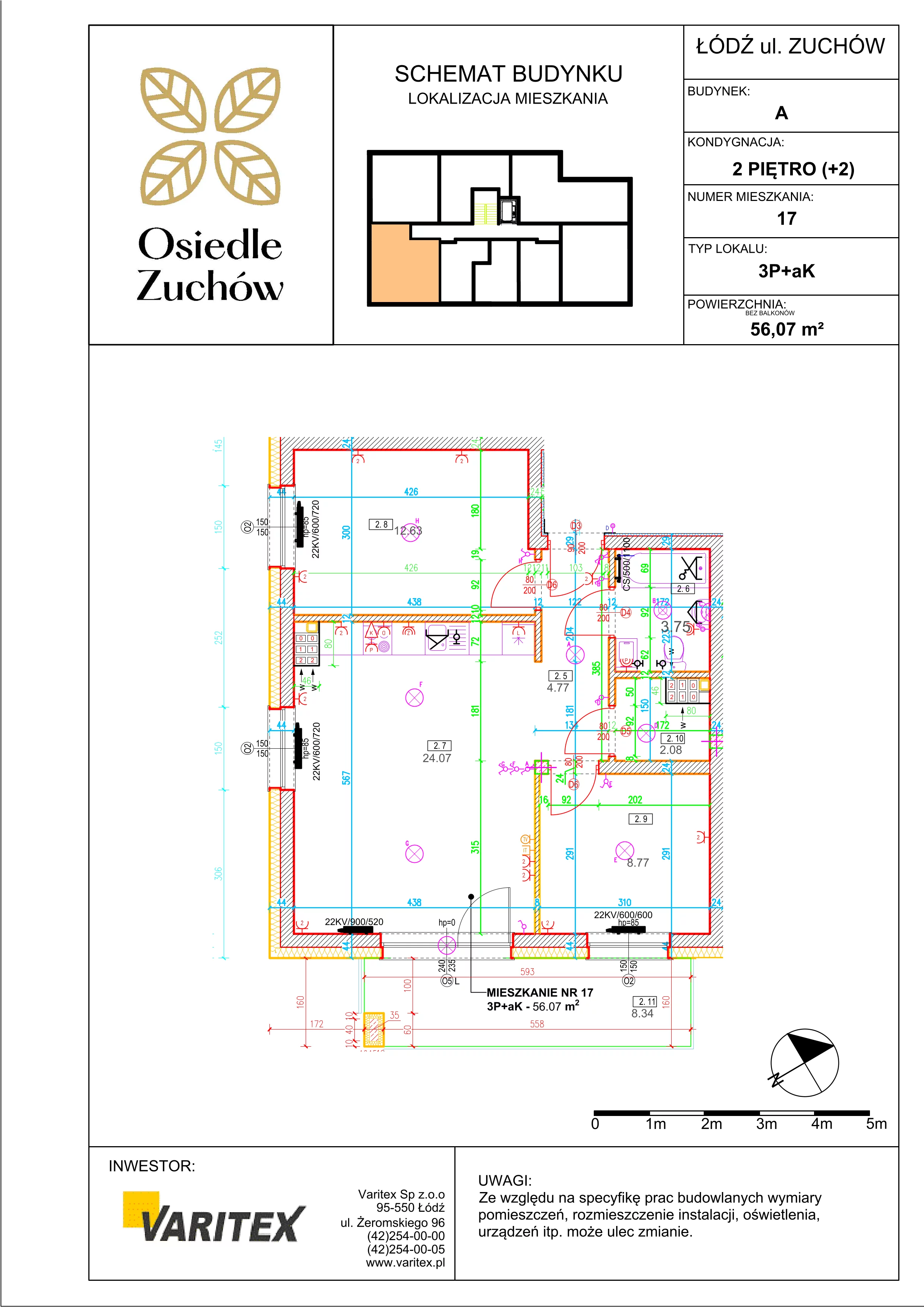 3 pokoje, mieszkanie 56,07 m², piętro 2, oferta nr A17, Osiedle Zuchów, Łódź, Górna, Rokicie, ul. Zuchów 4
