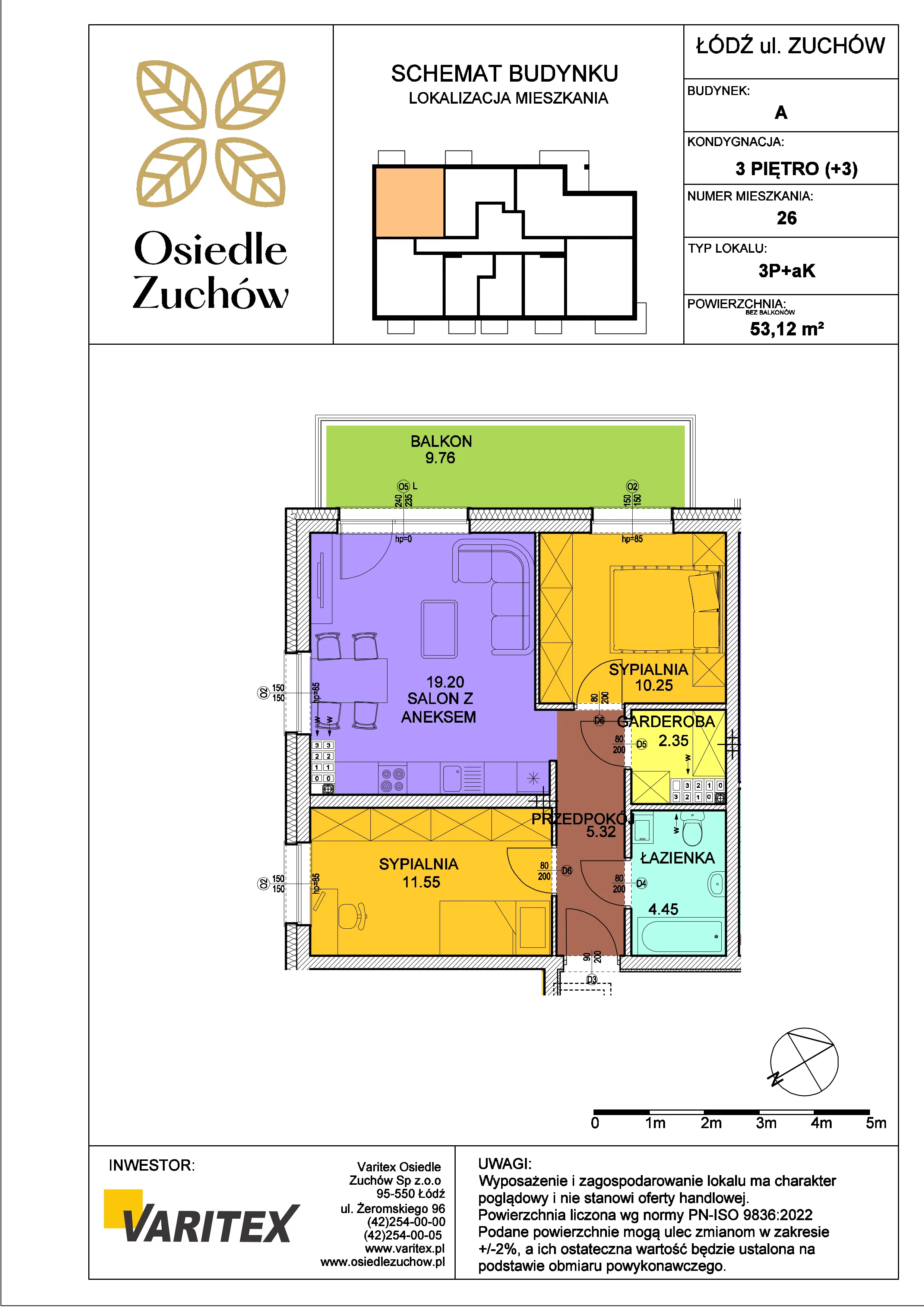 3 pokoje, mieszkanie 53,12 m², piętro 3, oferta nr A26, Osiedle Zuchów, Łódź, Górna, Rokicie, ul. Zuchów 4