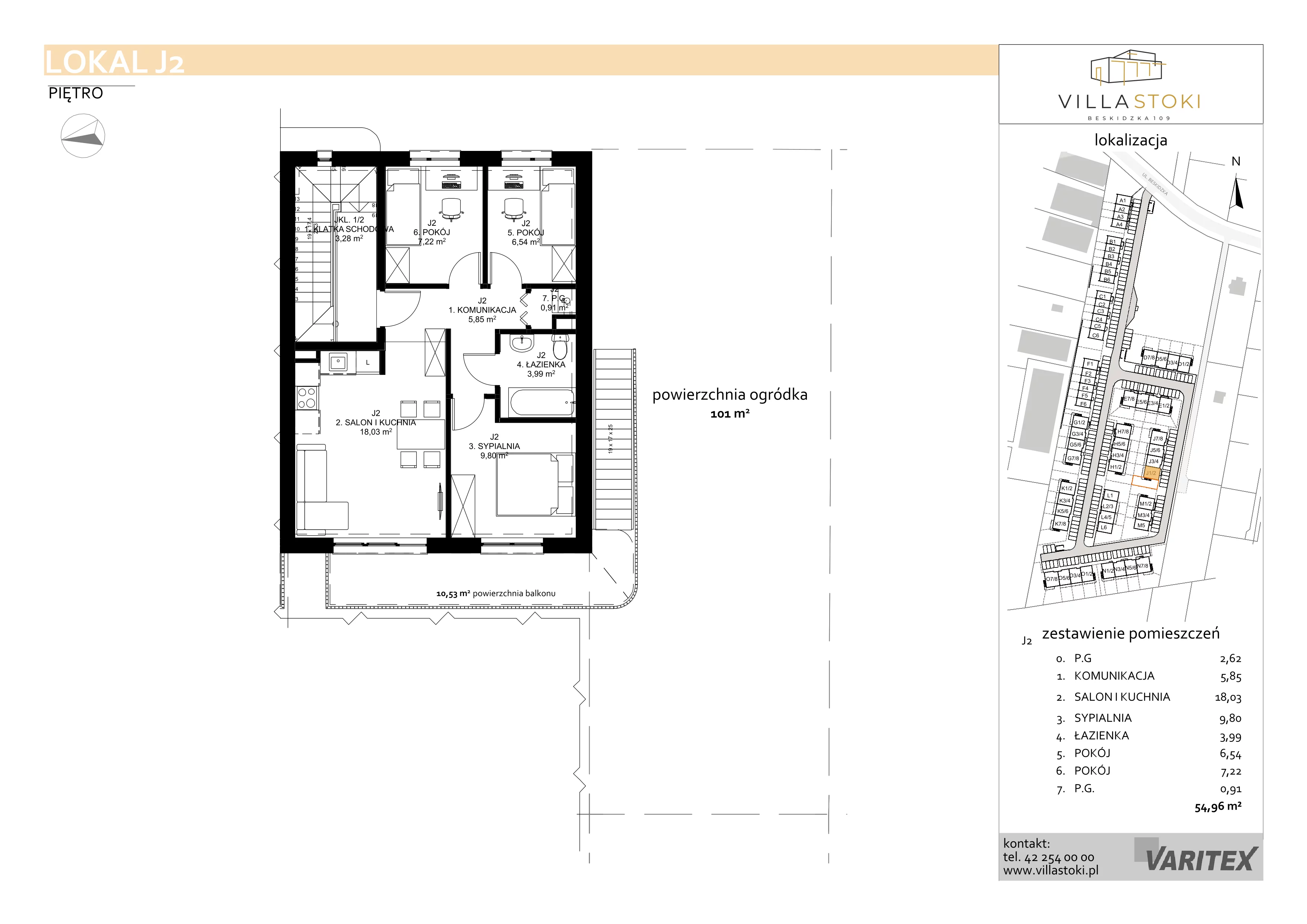 4 pokoje, mieszkanie 54,96 m², piętro 1, oferta nr J2, Villa Stoki, Łódź, Widzew, ul. Beskidzka 109