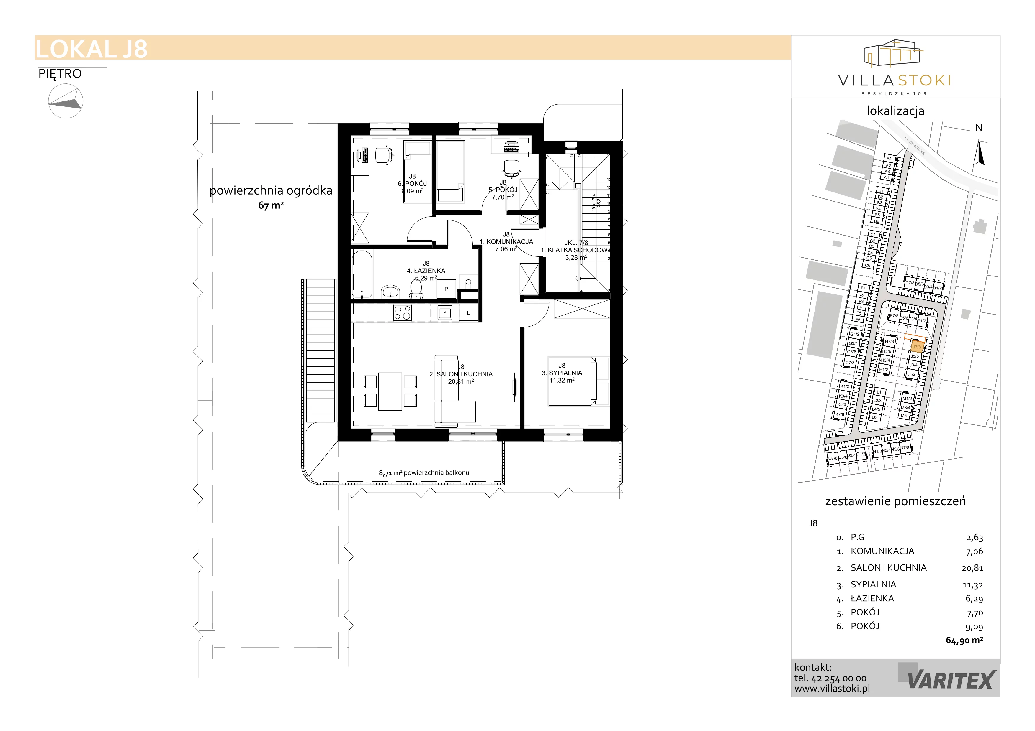 4 pokoje, mieszkanie 64,90 m², piętro 1, oferta nr J8, Villa Stoki, Łódź, Widzew, ul. Beskidzka 109