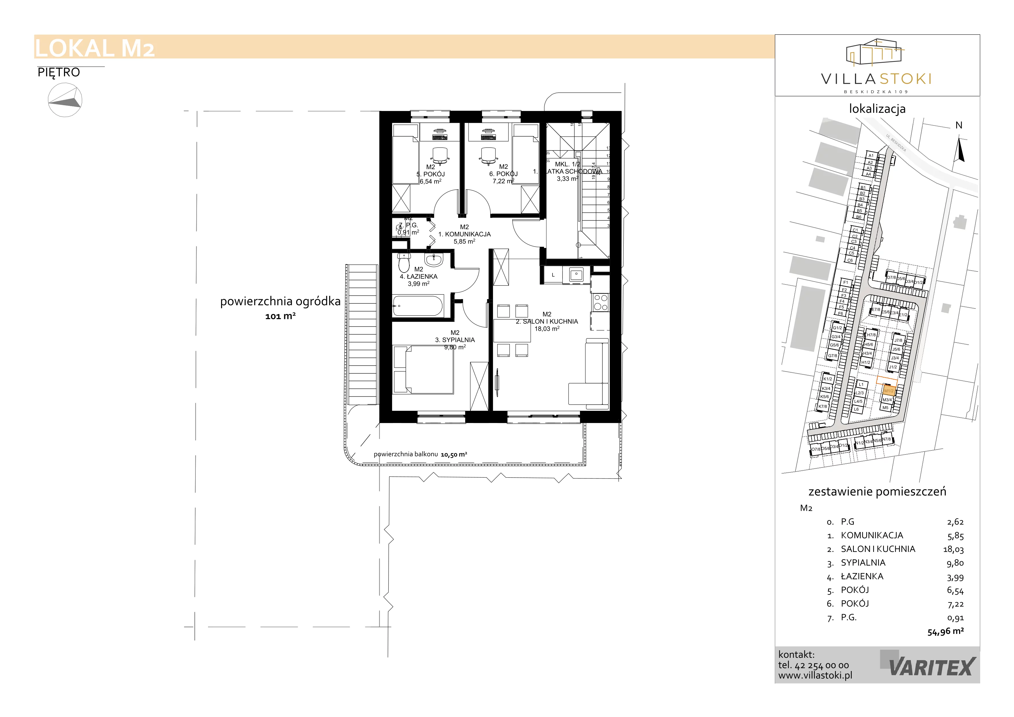 4 pokoje, mieszkanie 54,96 m², piętro 1, oferta nr M2, Villa Stoki, Łódź, Widzew, ul. Beskidzka 109