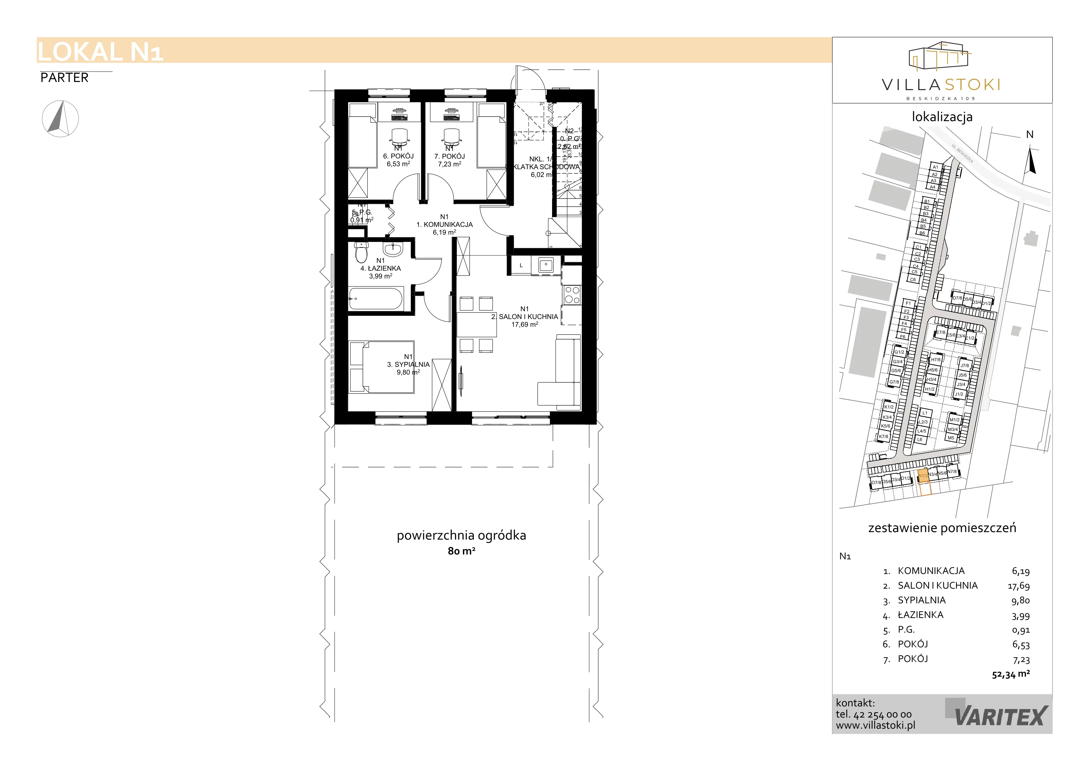 4 pokoje, mieszkanie 52,34 m², parter, oferta nr N1, Villa Stoki, Łódź, Widzew, ul. Beskidzka 109