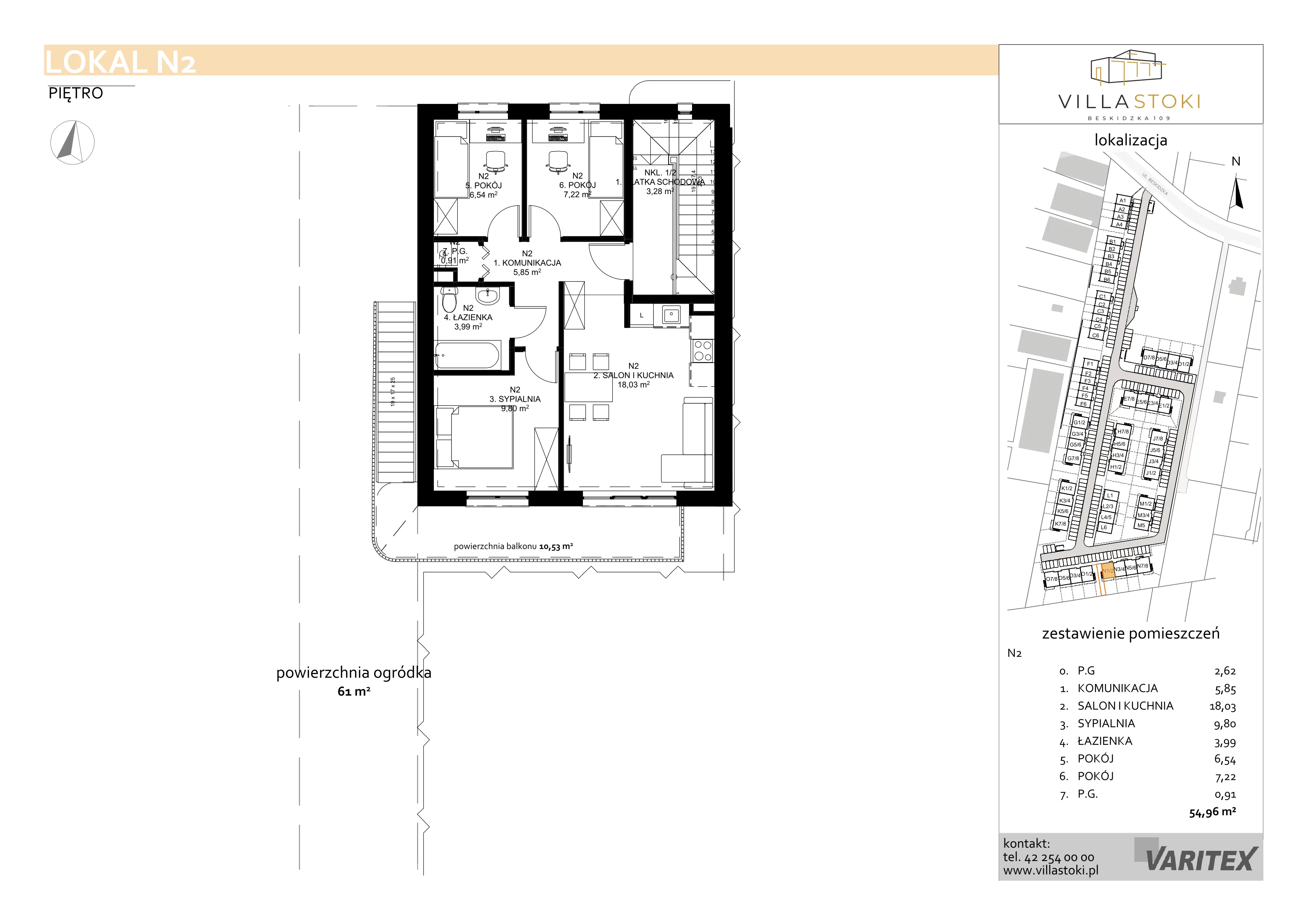 4 pokoje, mieszkanie 54,96 m², piętro 1, oferta nr N2, Villa Stoki, Łódź, Widzew, ul. Beskidzka 109