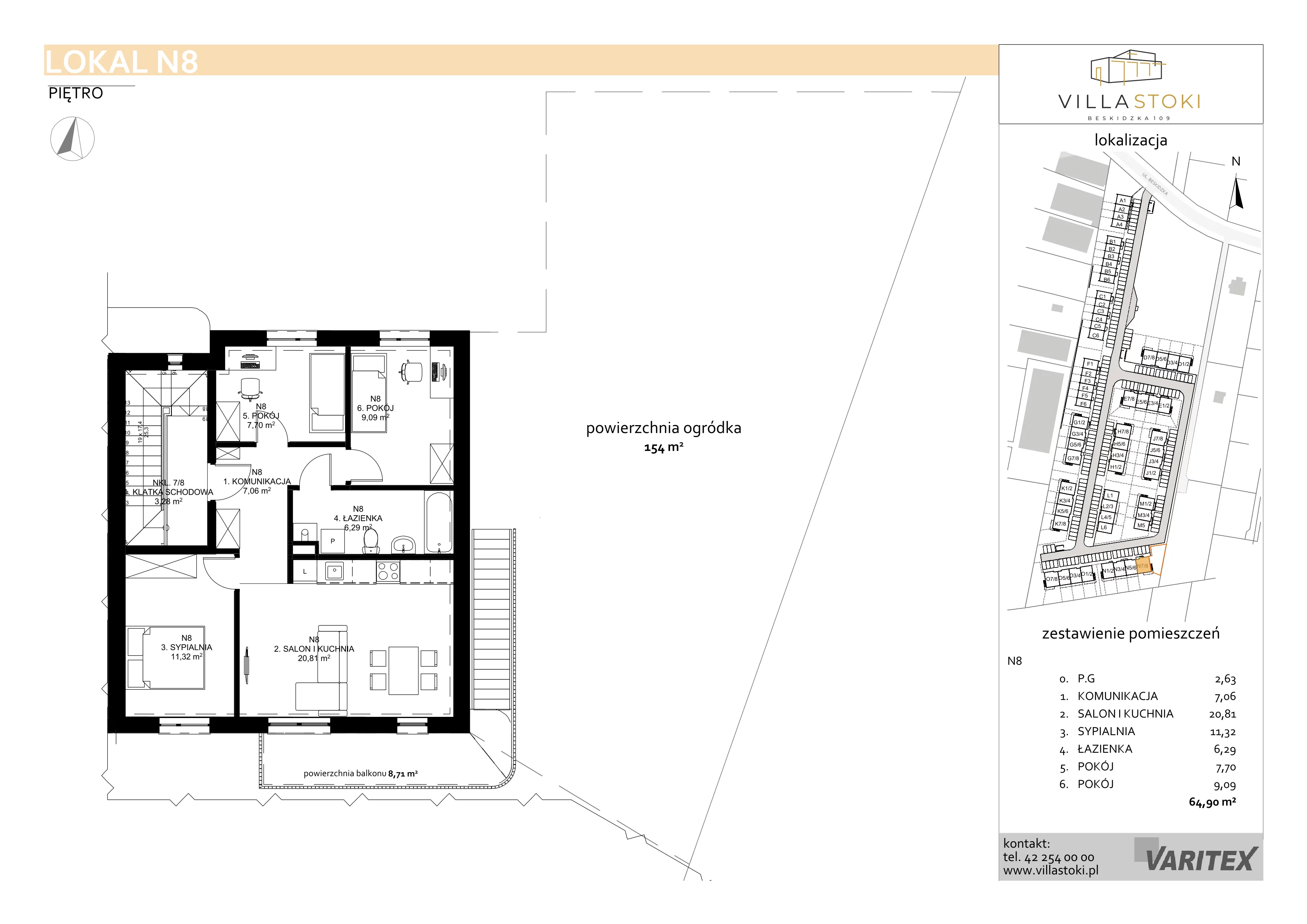 4 pokoje, mieszkanie 64,90 m², piętro 1, oferta nr N8, Villa Stoki, Łódź, Widzew, ul. Beskidzka 109