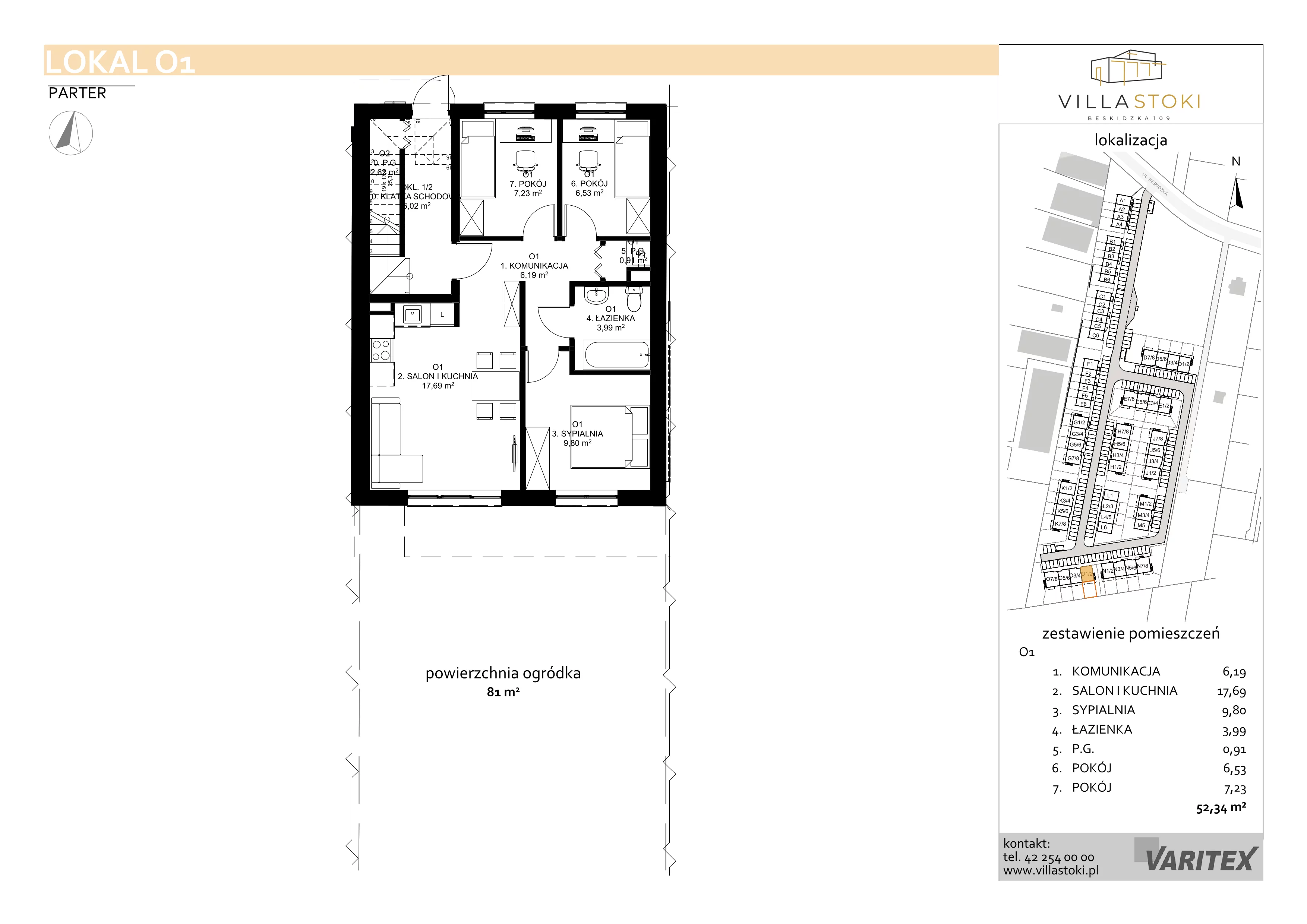 4 pokoje, mieszkanie 52,34 m², parter, oferta nr O1, Villa Stoki, Łódź, Widzew, ul. Beskidzka 109