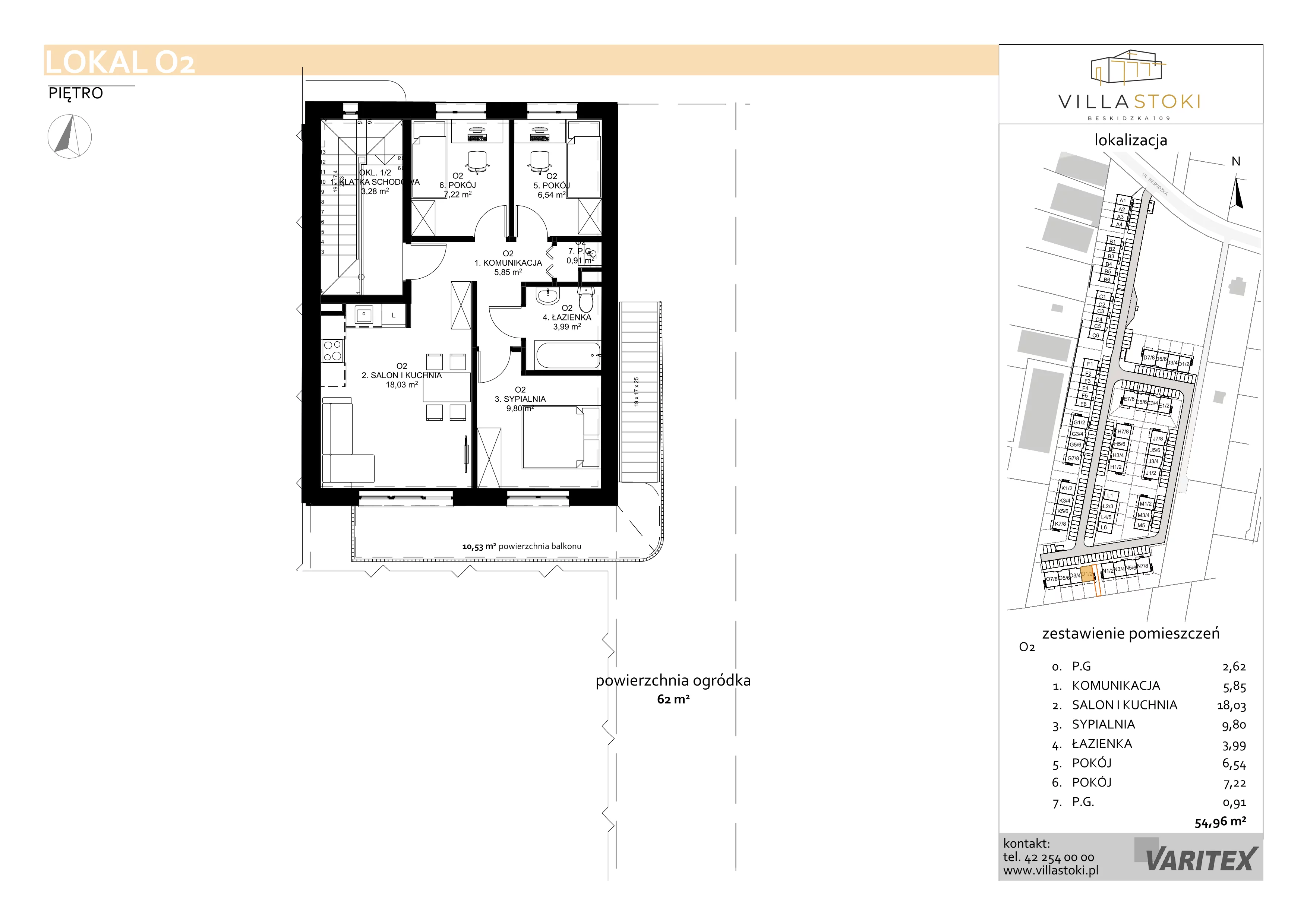 4 pokoje, mieszkanie 54,96 m², piętro 1, oferta nr O2, Villa Stoki, Łódź, Widzew, ul. Beskidzka 109