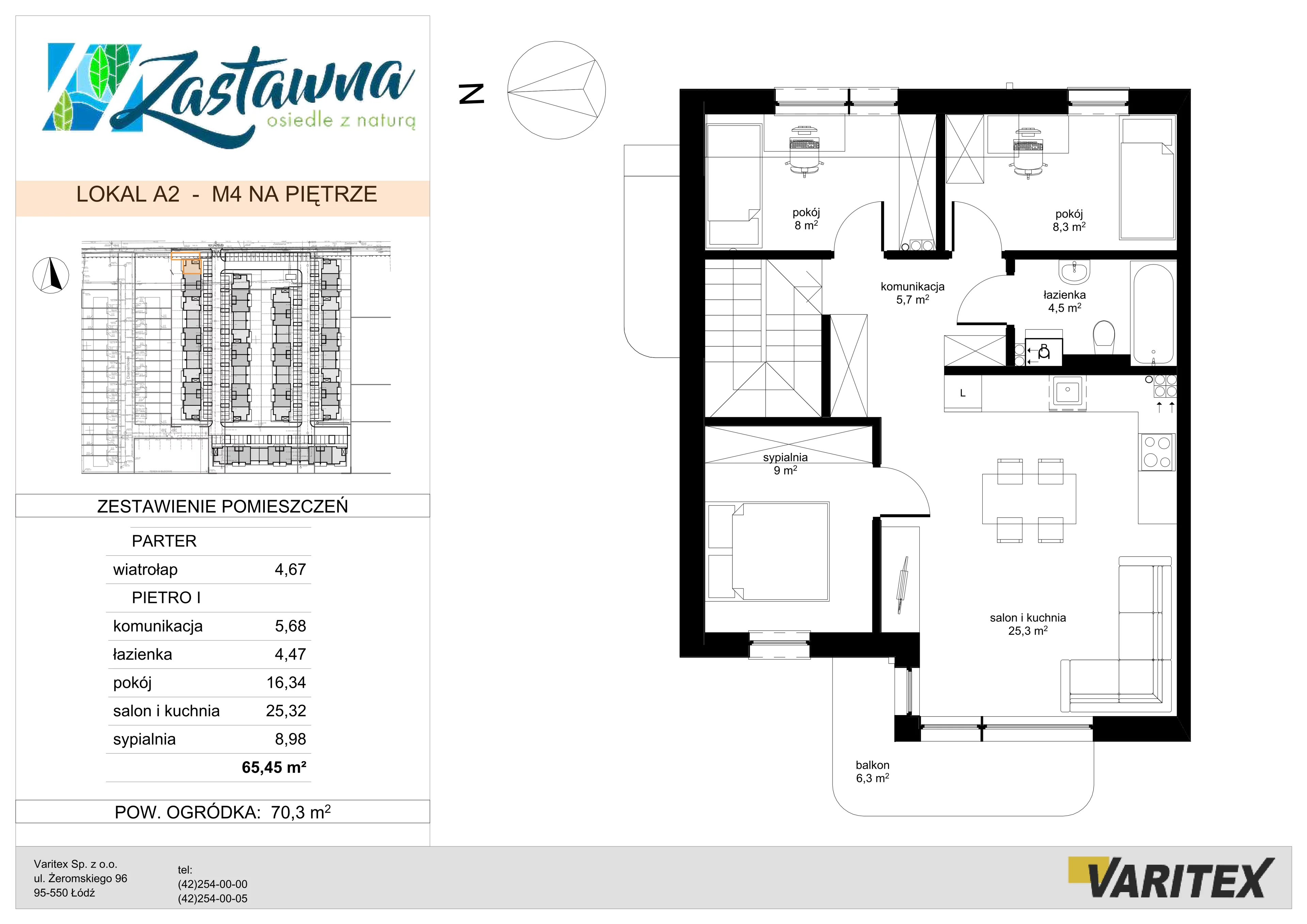 4 pokoje, mieszkanie 65,45 m², parter, oferta nr A.2, Zastawna, Łódź, Górna, ul. Zastawna