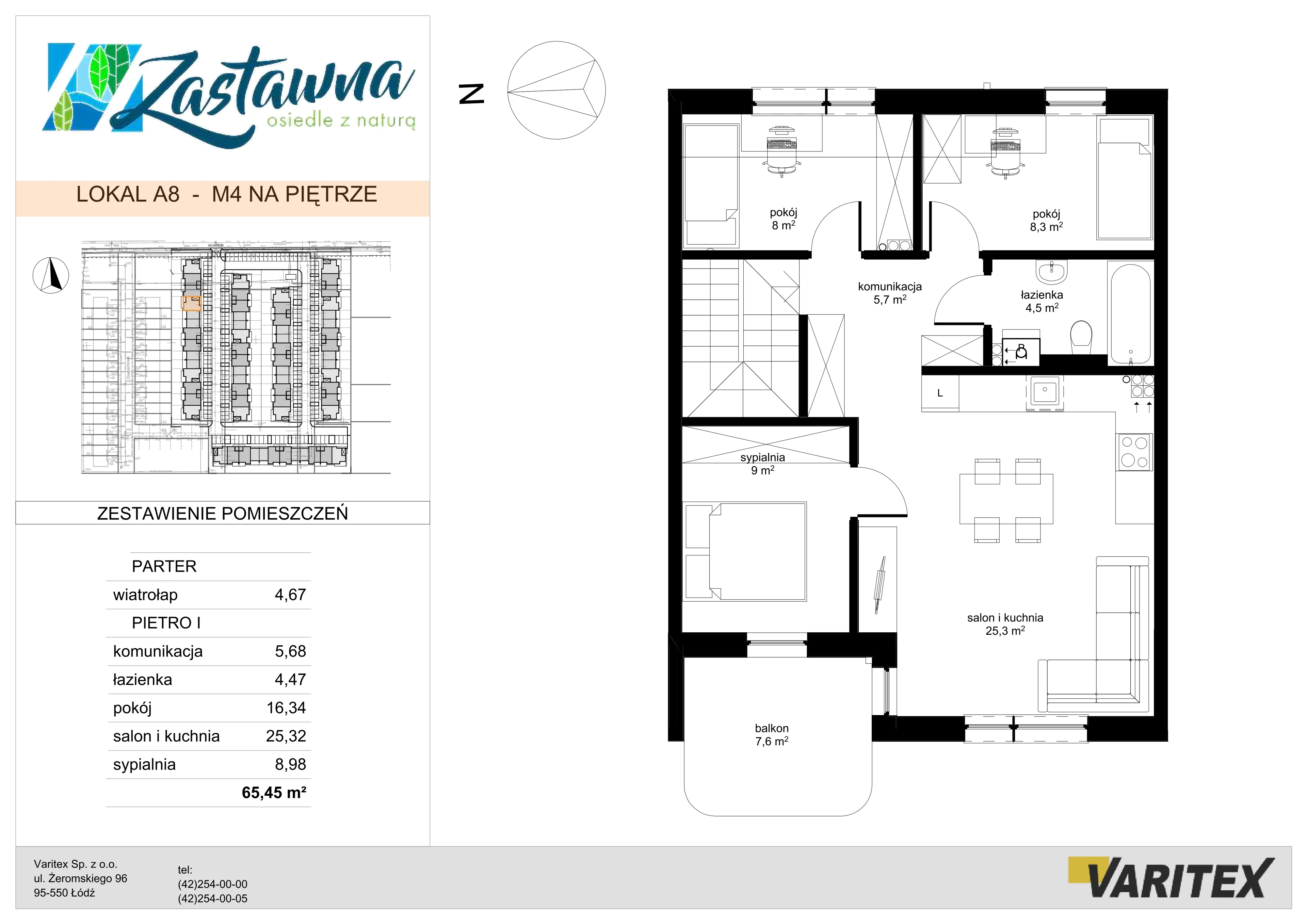 4 pokoje, mieszkanie 65,45 m², piętro 1, oferta nr A.8, Zastawna, Łódź, Górna, ul. Zastawna