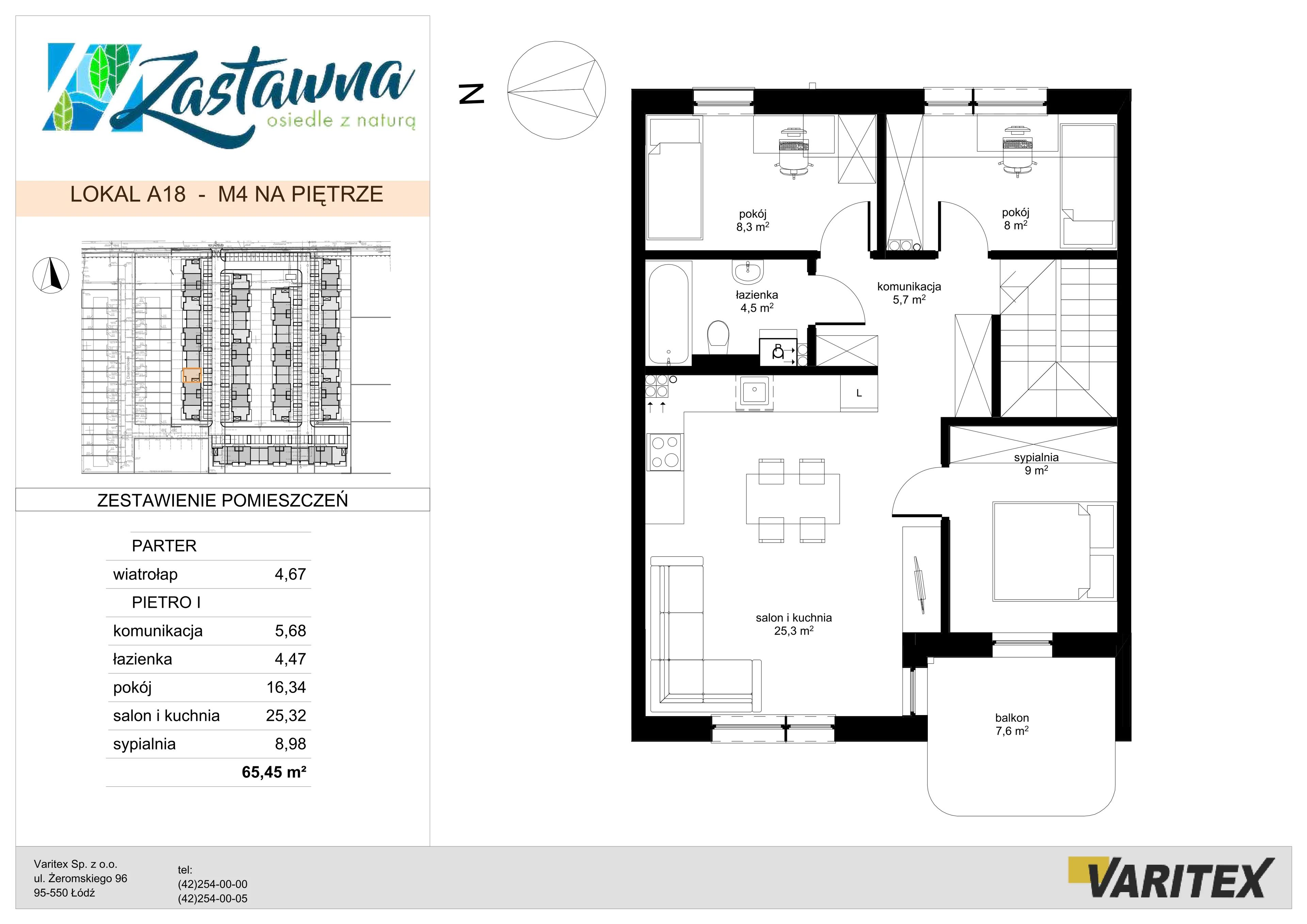 4 pokoje, mieszkanie 65,45 m², piętro 1, oferta nr A.18, Zastawna, Łódź, Górna, ul. Zastawna
