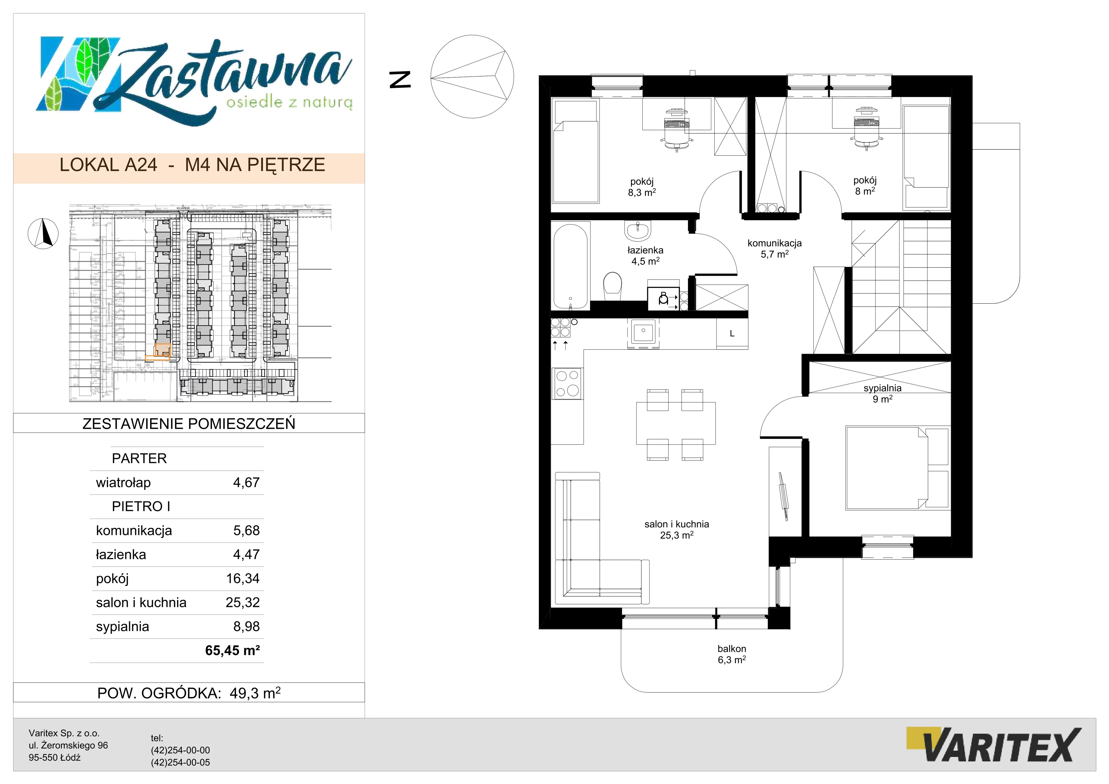 4 pokoje, mieszkanie 65,45 m², parter, oferta nr A.24, Zastawna, Łódź, Górna, ul. Zastawna