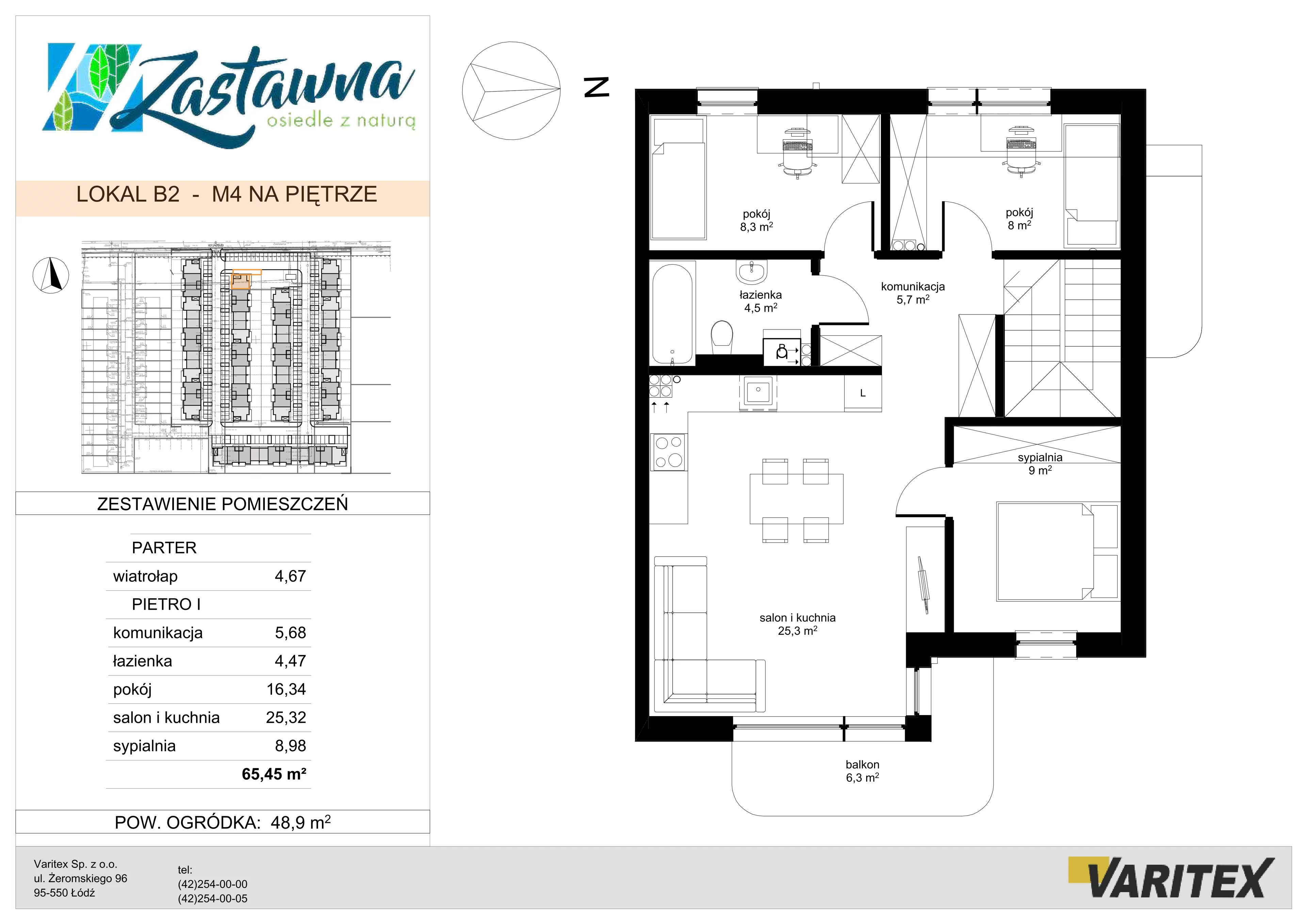 4 pokoje, mieszkanie 65,45 m², parter, oferta nr B.2, Zastawna, Łódź, Górna, ul. Zastawna
