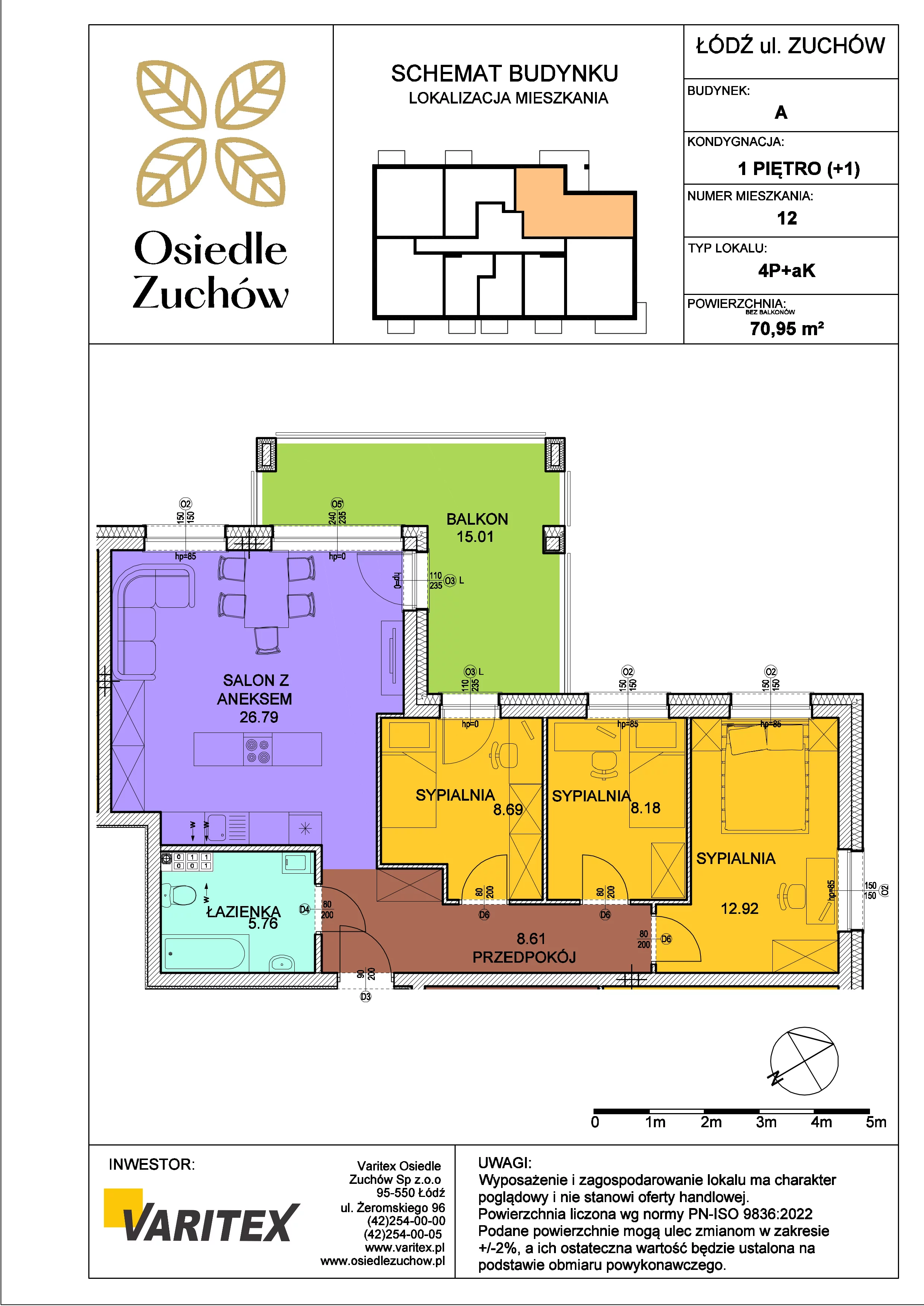 4 pokoje, mieszkanie 70,95 m², piętro 1, oferta nr A12, Osiedle Zuchów, Łódź, Górna, Rokicie, ul. Zuchów 4