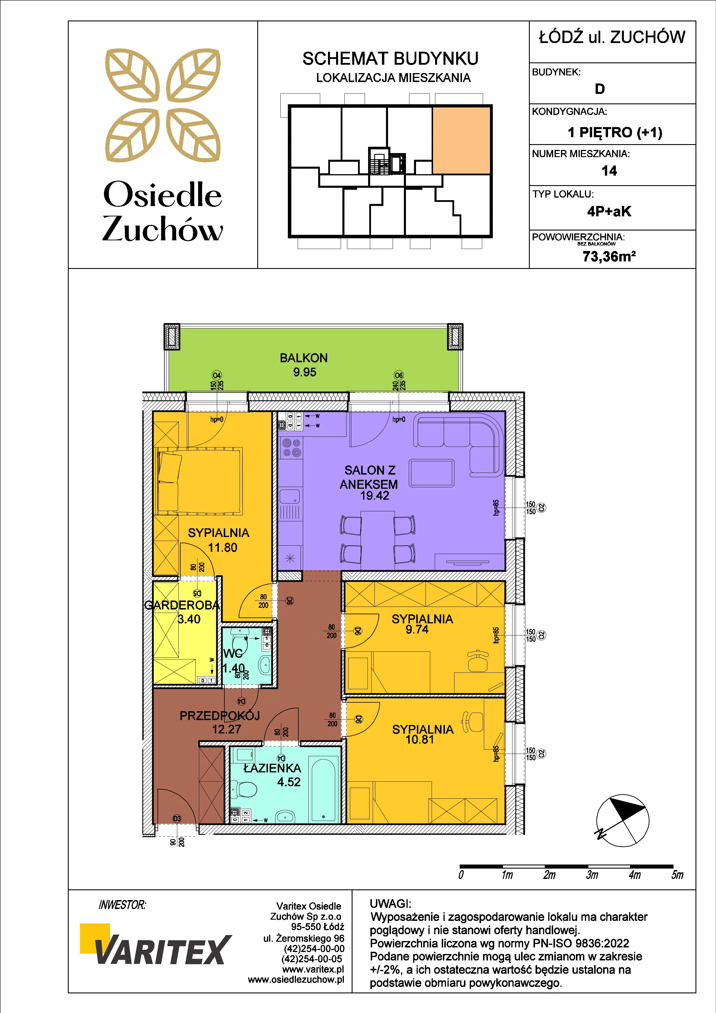 4 pokoje, mieszkanie 73,36 m², piętro 1, oferta nr D14, Osiedle Zuchów, Łódź, Górna, Rokicie, ul. Zuchów 4
