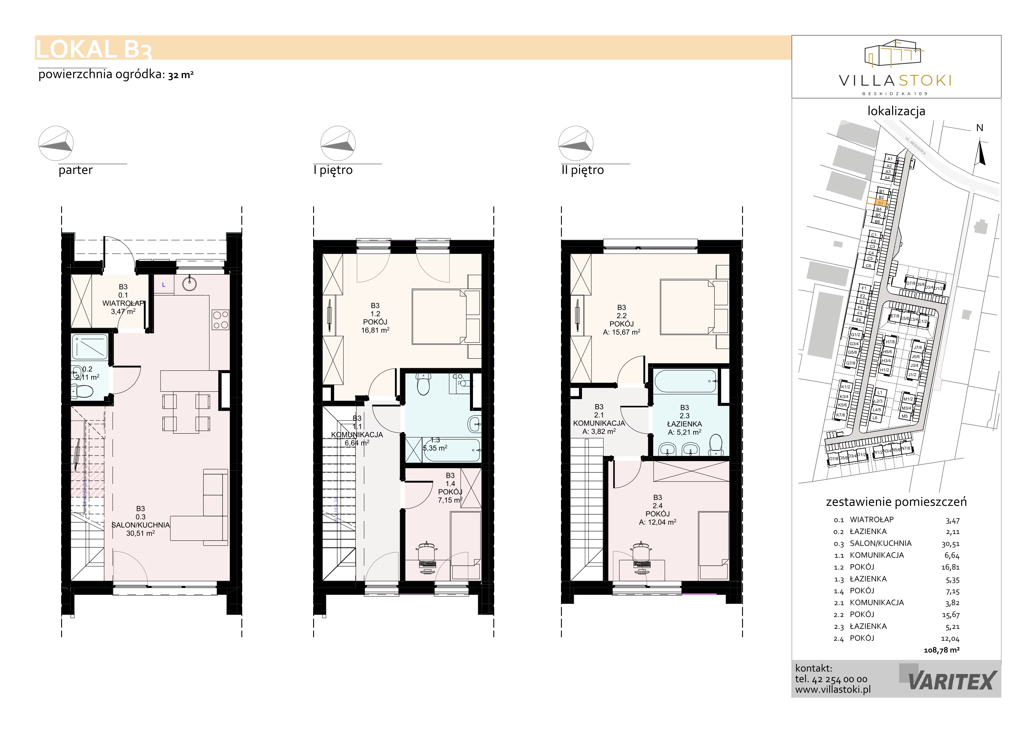 5 pokoi, mieszkanie 108,78 m², piętro 3, oferta nr B3, Villa Stoki, Łódź, Widzew, ul. Beskidzka 109