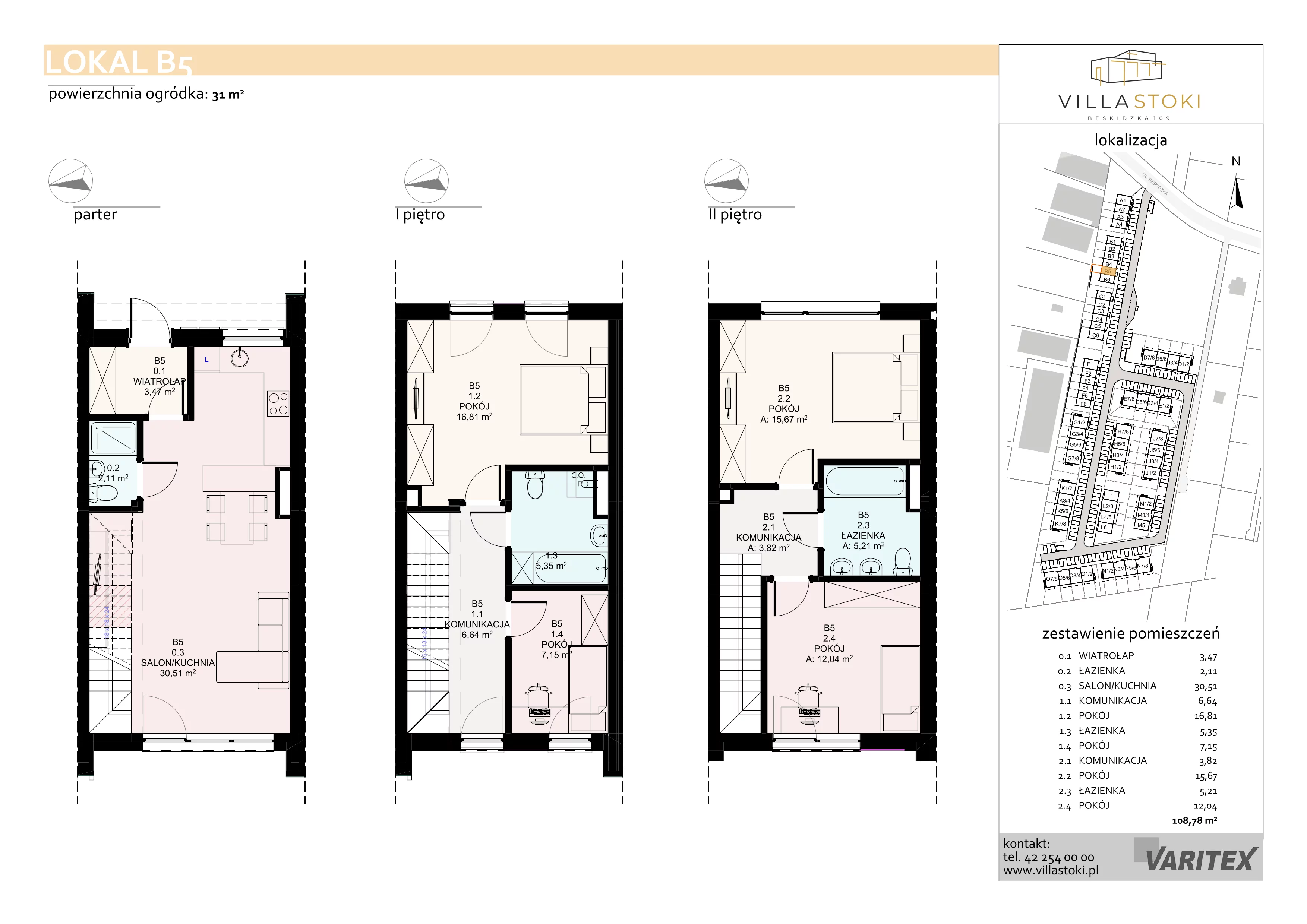 5 pokoi, mieszkanie 108,78 m², piętro 3, oferta nr B5, Villa Stoki, Łódź, Widzew, ul. Beskidzka 109