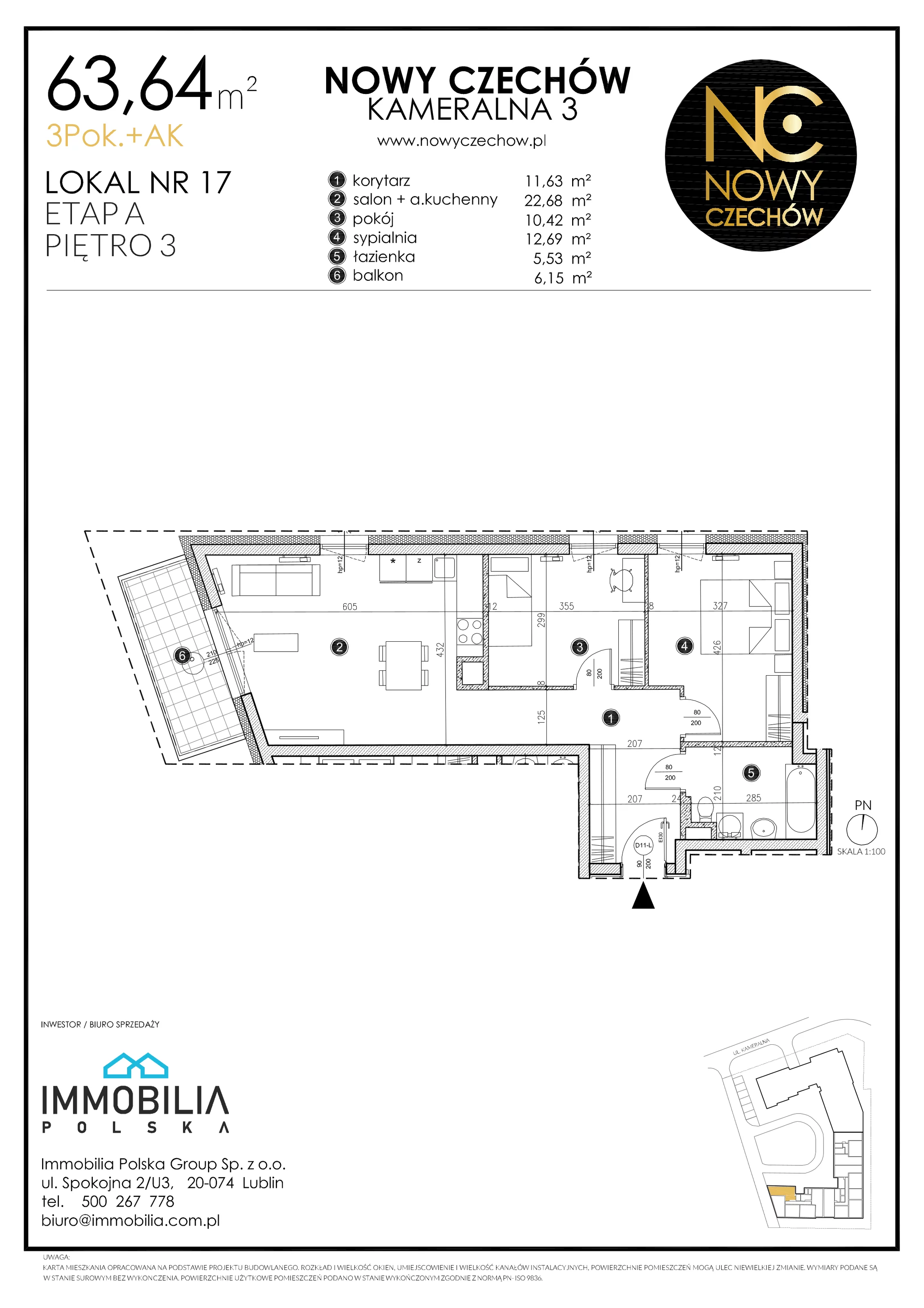 3 pokoje, mieszkanie 63,64 m², piętro 3, oferta nr 17, Nowy Czechów, Lublin, Czechów Południowy, ul. Kameralna 3
