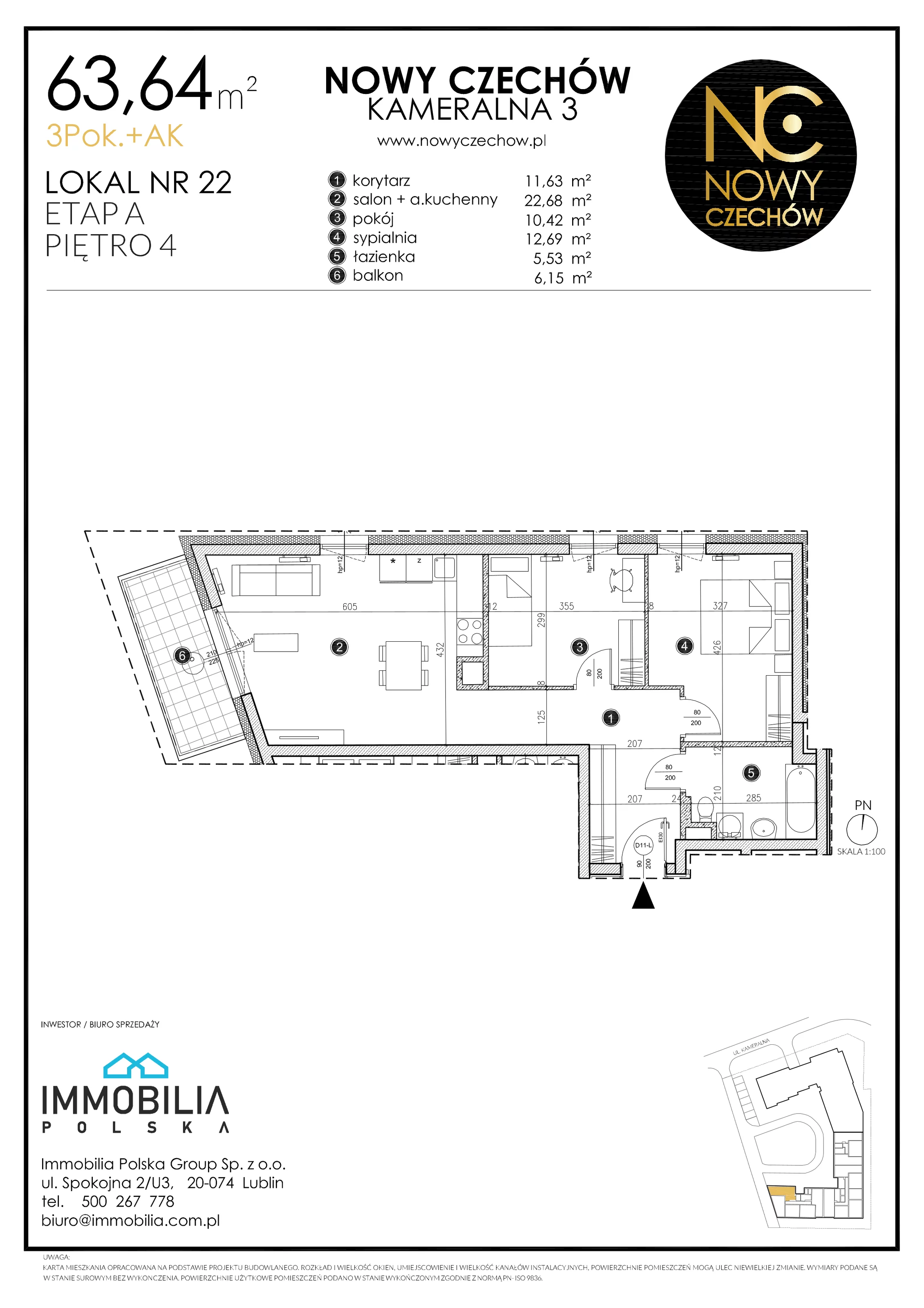 3 pokoje, mieszkanie 63,64 m², piętro 4, oferta nr 22, Nowy Czechów, Lublin, Czechów Południowy, ul. Kameralna 3