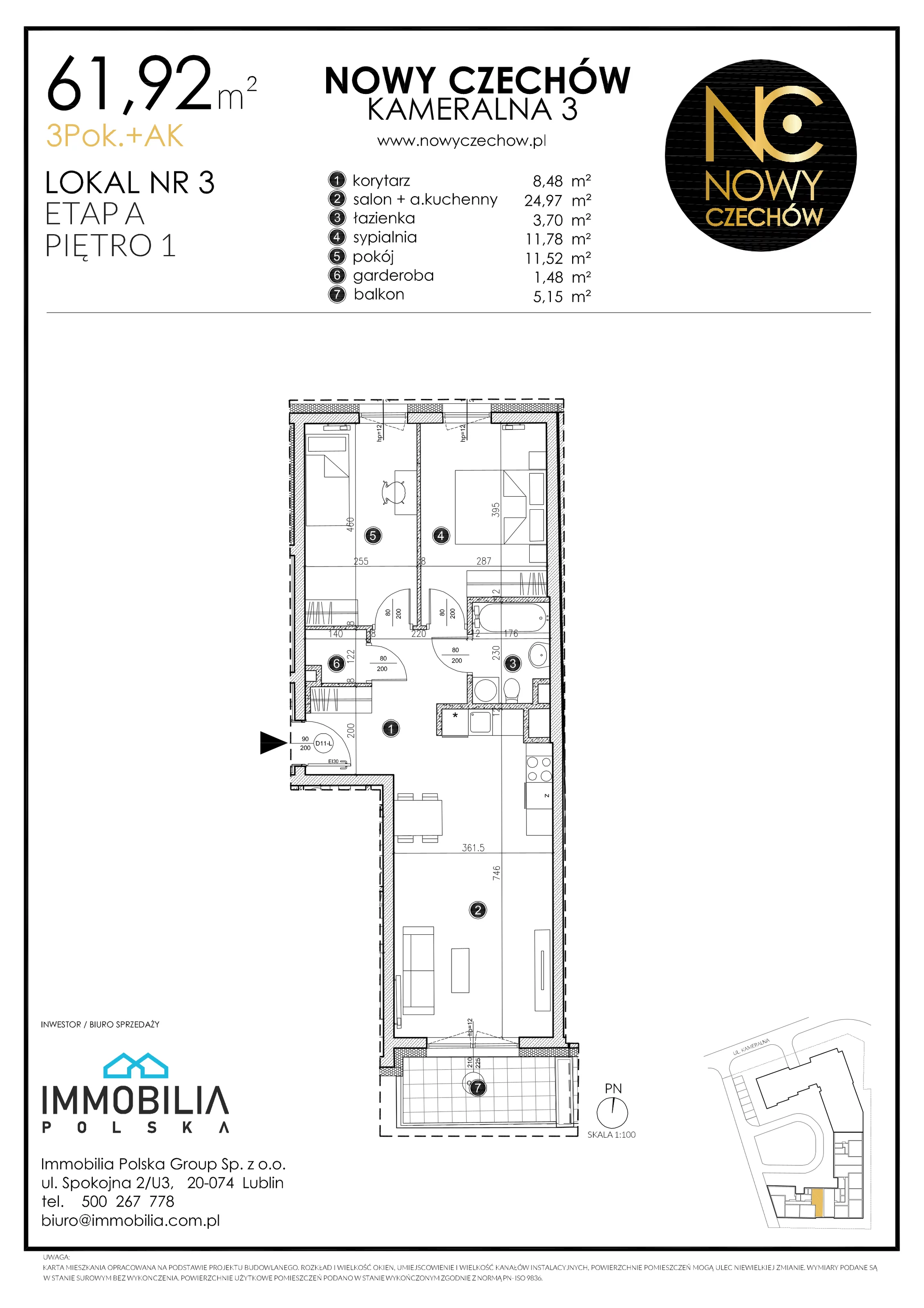 3 pokoje, mieszkanie 61,92 m², piętro 1, oferta nr 3, Nowy Czechów, Lublin, Czechów Południowy, ul. Kameralna 3