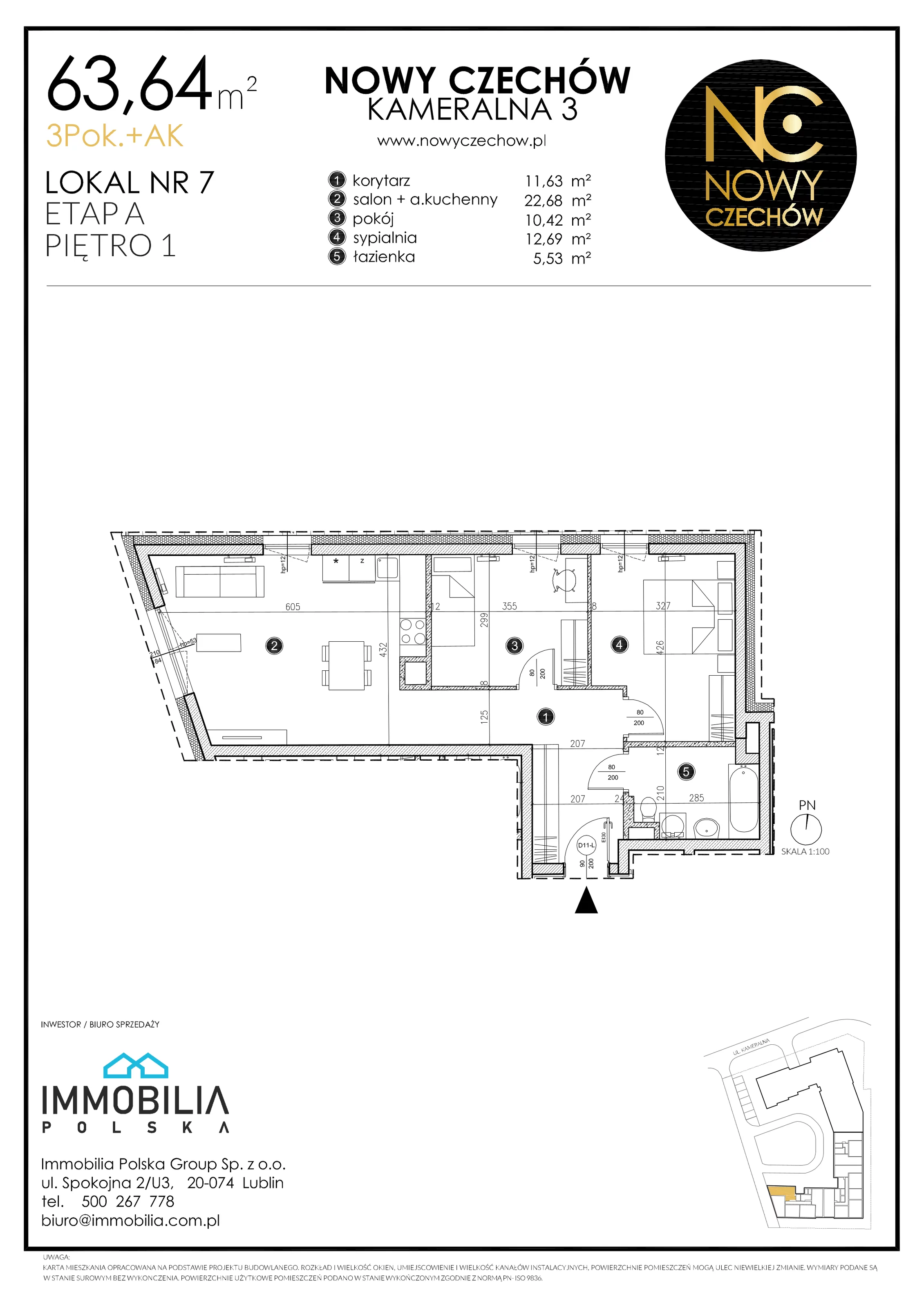 3 pokoje, mieszkanie 63,64 m², piętro 1, oferta nr 7, Nowy Czechów, Lublin, Czechów Południowy, ul. Kameralna 3