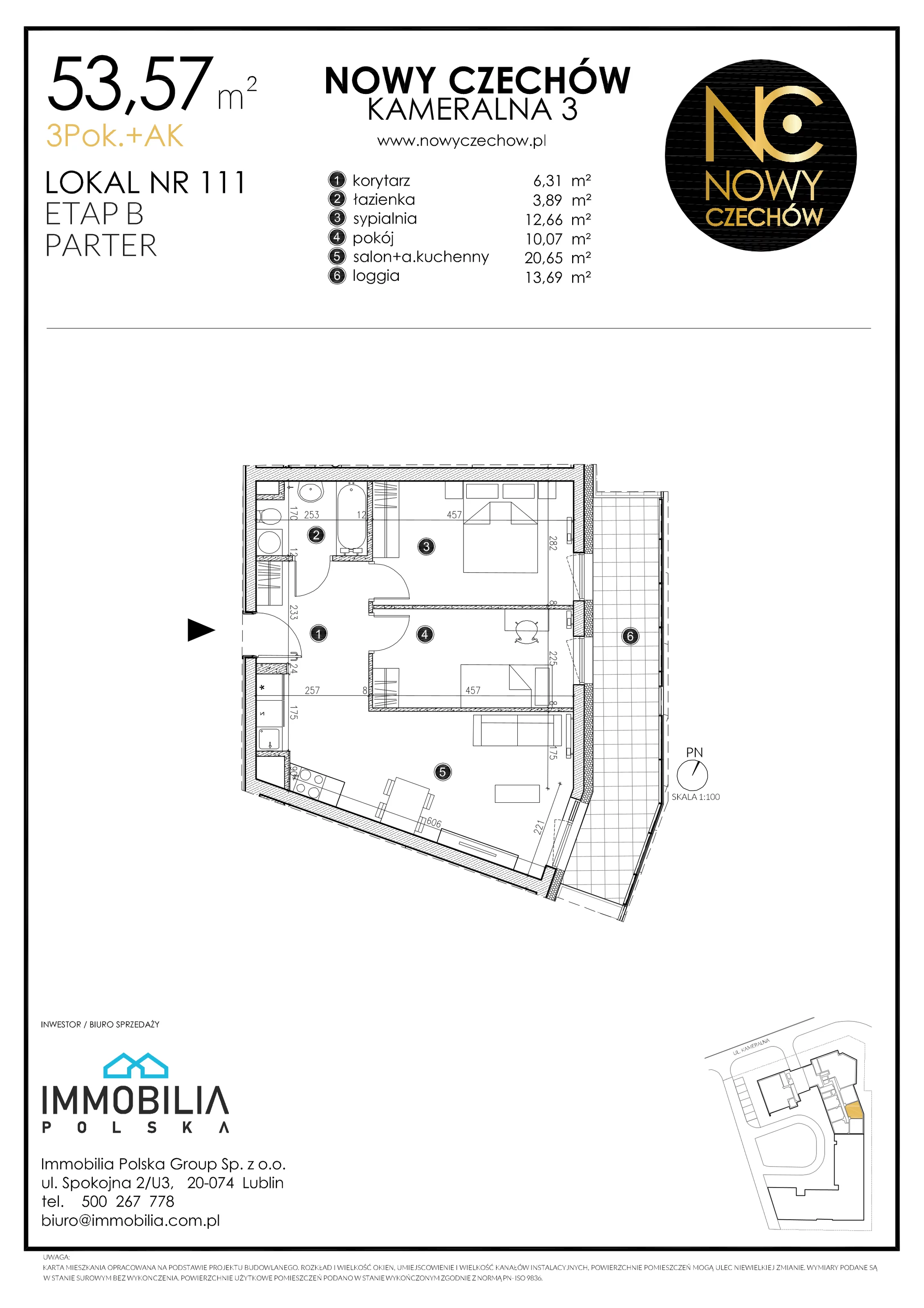 3 pokoje, mieszkanie 53,75 m², parter, oferta nr 111, Nowy Czechów, Lublin, Czechów Południowy, ul. Kameralna 3