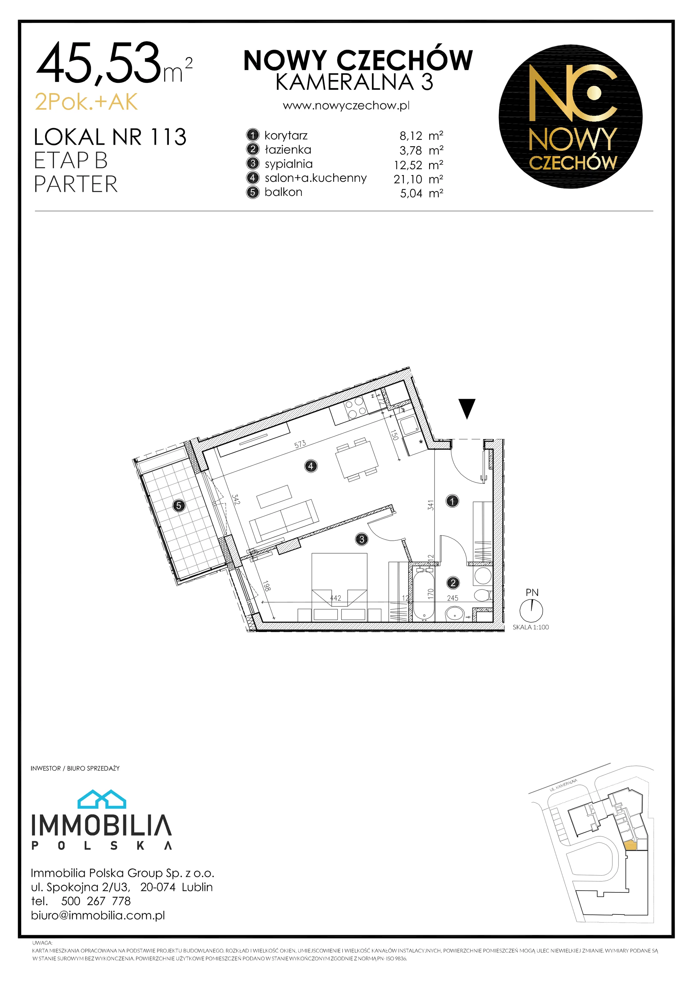 2 pokoje, mieszkanie 45,53 m², parter, oferta nr 113, Nowy Czechów, Lublin, Czechów Południowy, ul. Kameralna 3