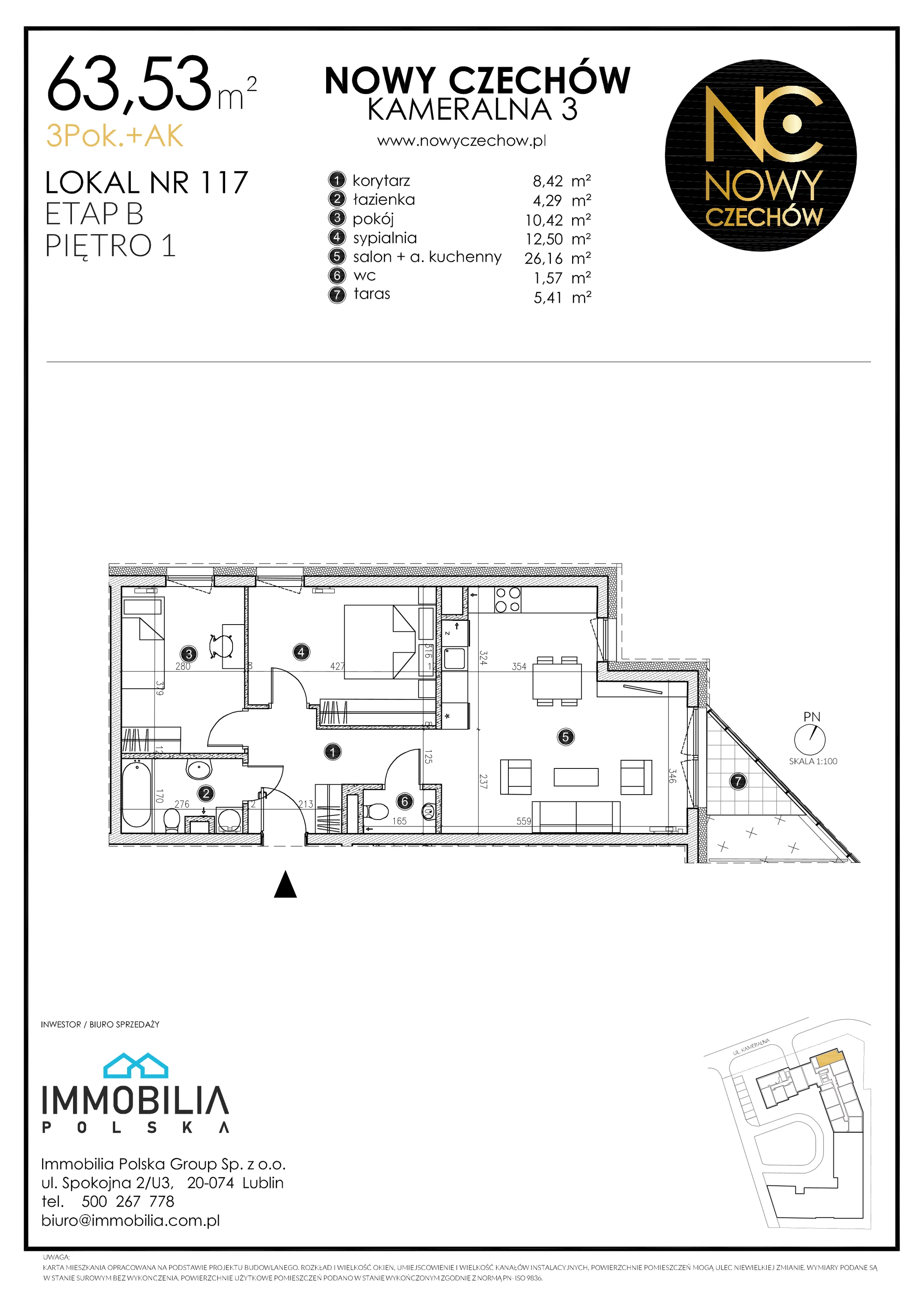 3 pokoje, mieszkanie 63,53 m², piętro 1, oferta nr 117, Nowy Czechów, Lublin, Czechów Południowy, ul. Kameralna 3