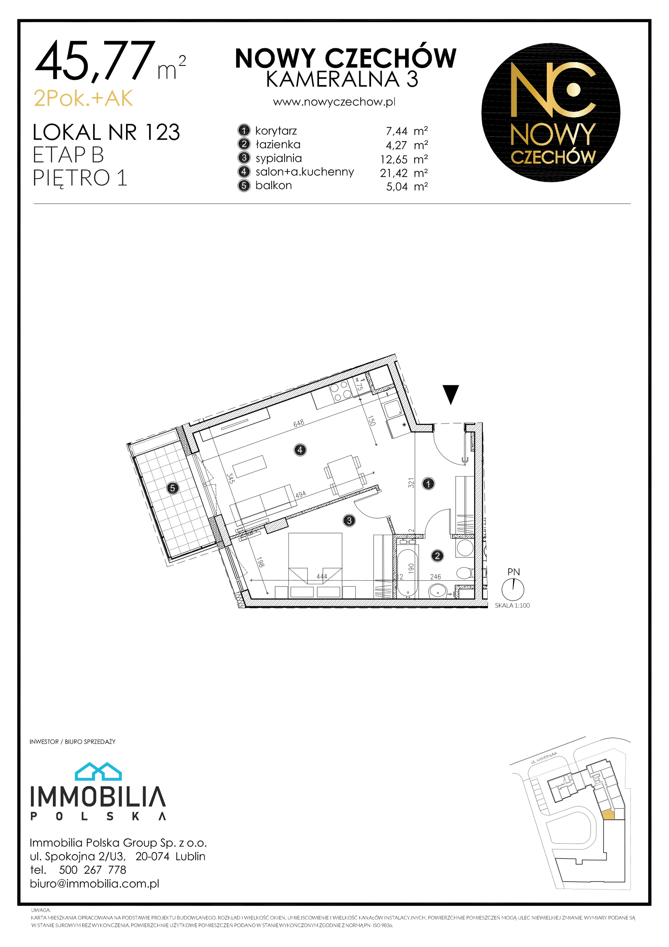 2 pokoje, mieszkanie 45,77 m², piętro 1, oferta nr 123, Nowy Czechów, Lublin, Czechów Południowy, ul. Kameralna 3