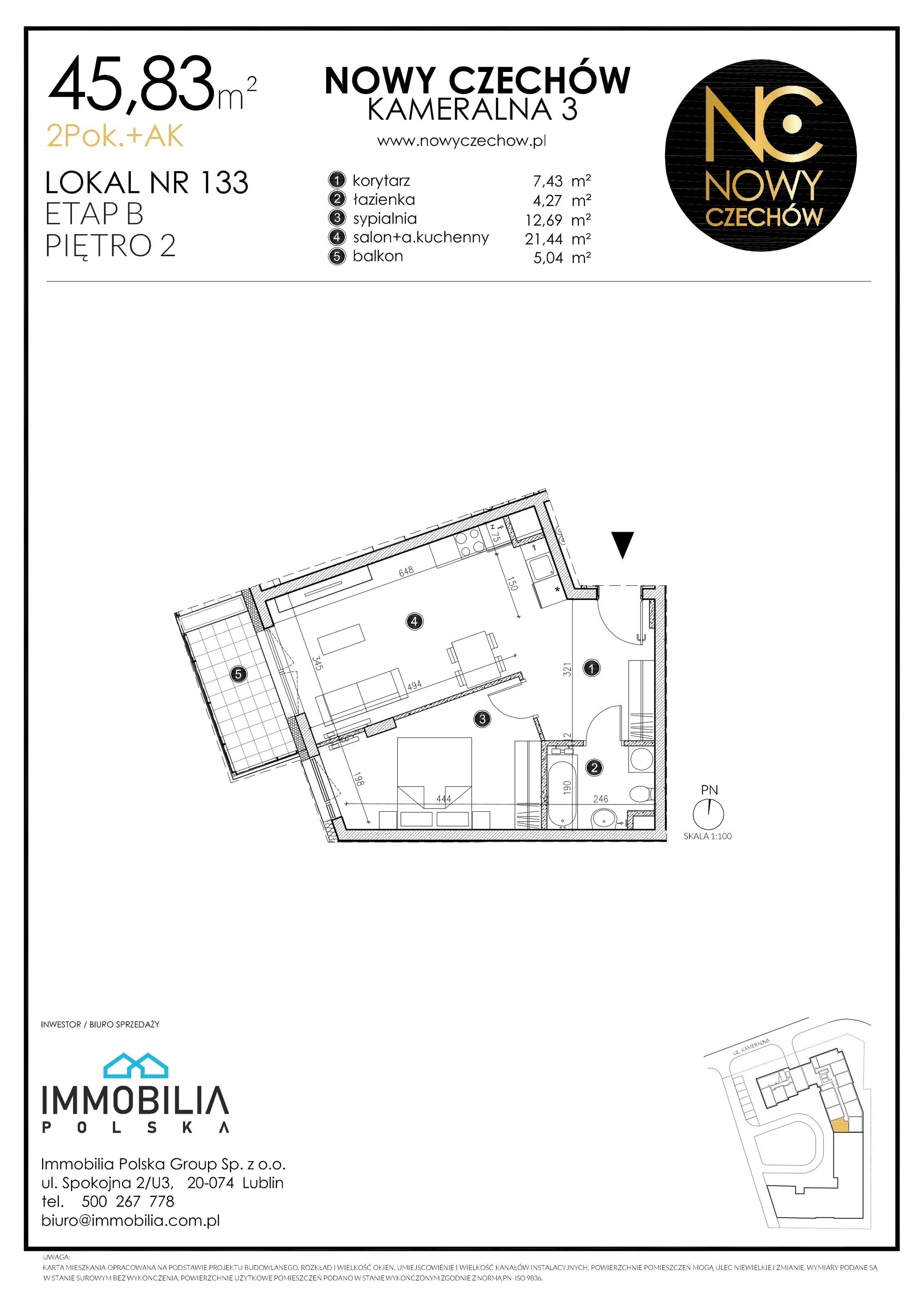 2 pokoje, mieszkanie 45,83 m², piętro 2, oferta nr 133, Nowy Czechów, Lublin, Czechów Południowy, ul. Kameralna 3