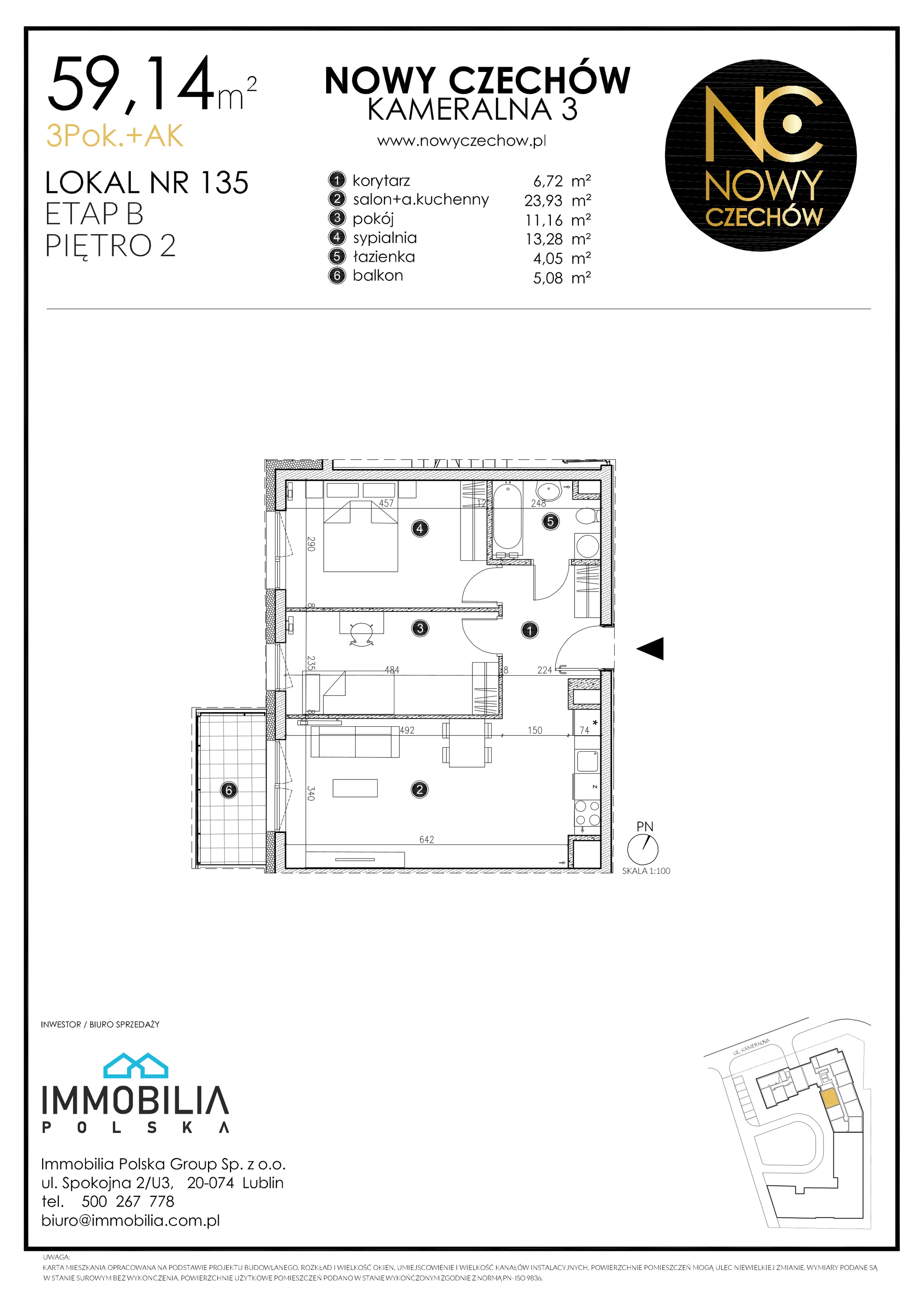 3 pokoje, mieszkanie 59,14 m², piętro 2, oferta nr 135, Nowy Czechów, Lublin, Czechów Południowy, ul. Kameralna 3