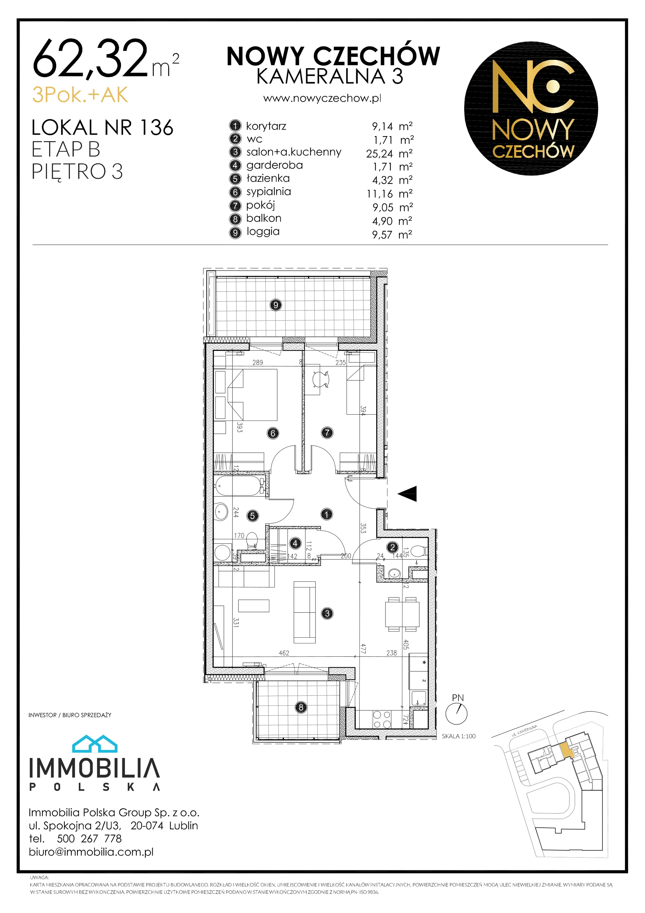 3 pokoje, mieszkanie 62,32 m², piętro 3, oferta nr 136, Nowy Czechów, Lublin, Czechów Południowy, ul. Kameralna 3