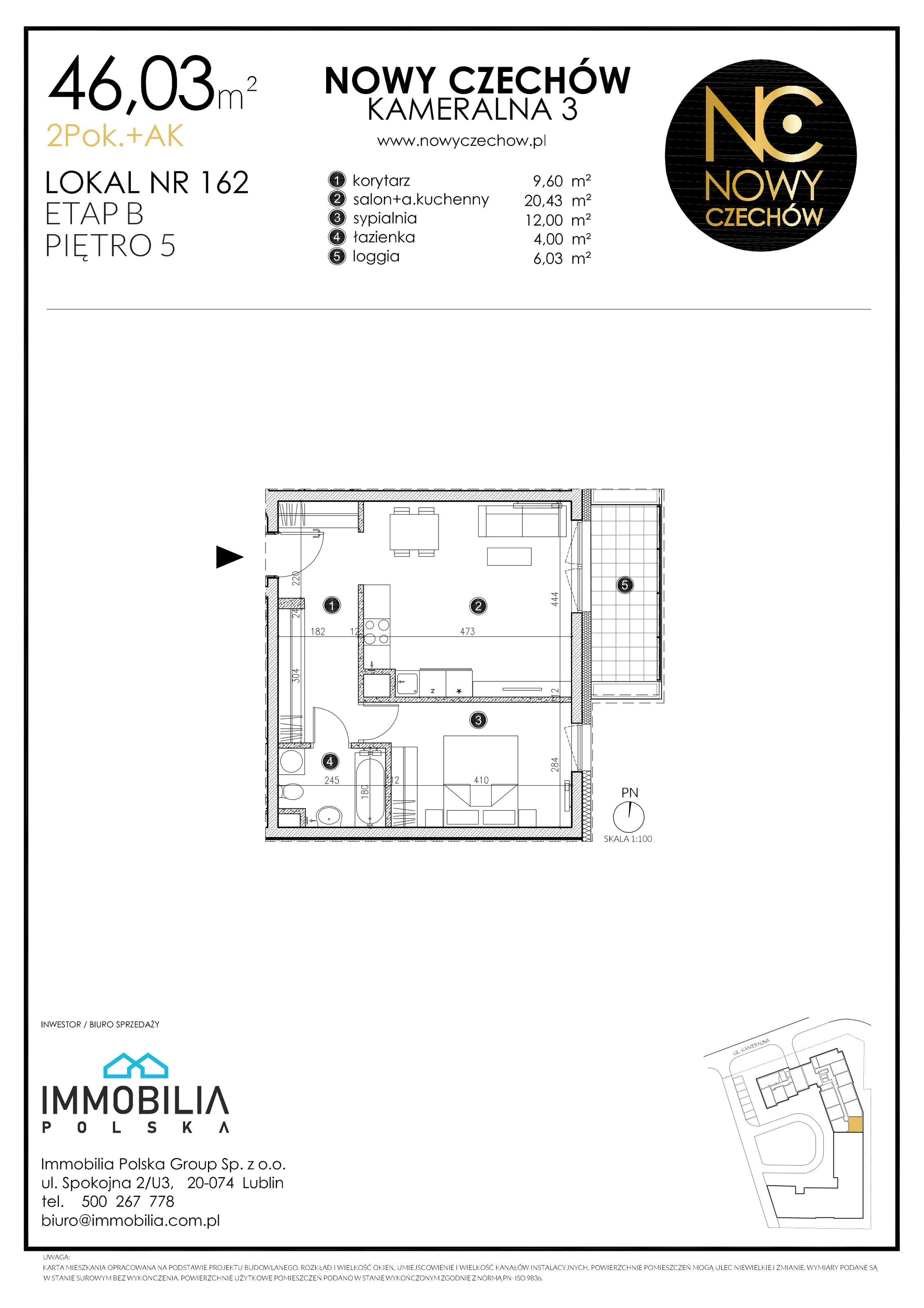 2 pokoje, mieszkanie 46,03 m², piętro 5, oferta nr 162, Nowy Czechów, Lublin, Czechów Południowy, ul. Kameralna 3