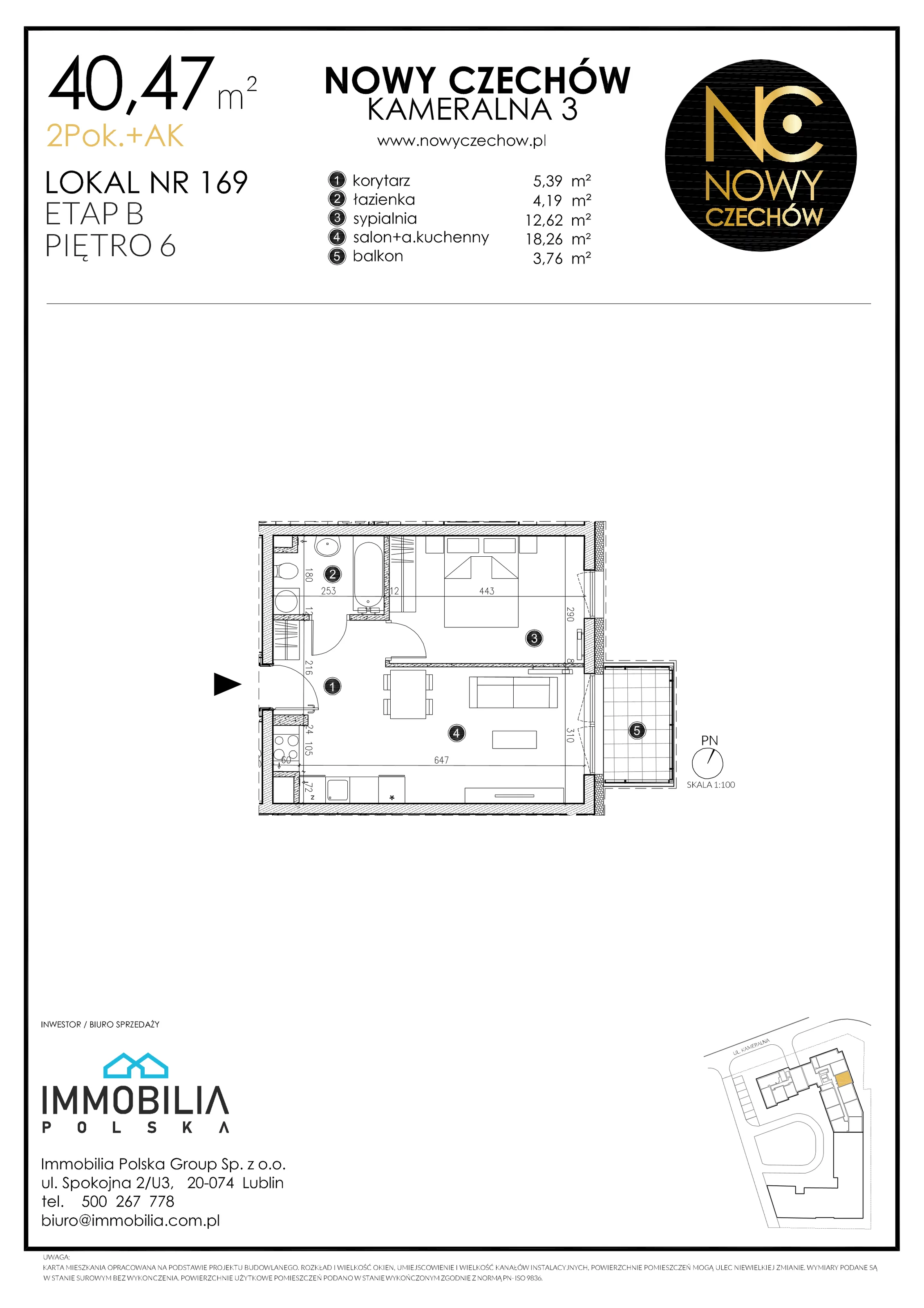 2 pokoje, mieszkanie 40,47 m², piętro 6, oferta nr 169, Nowy Czechów, Lublin, Czechów Południowy, ul. Kameralna 3