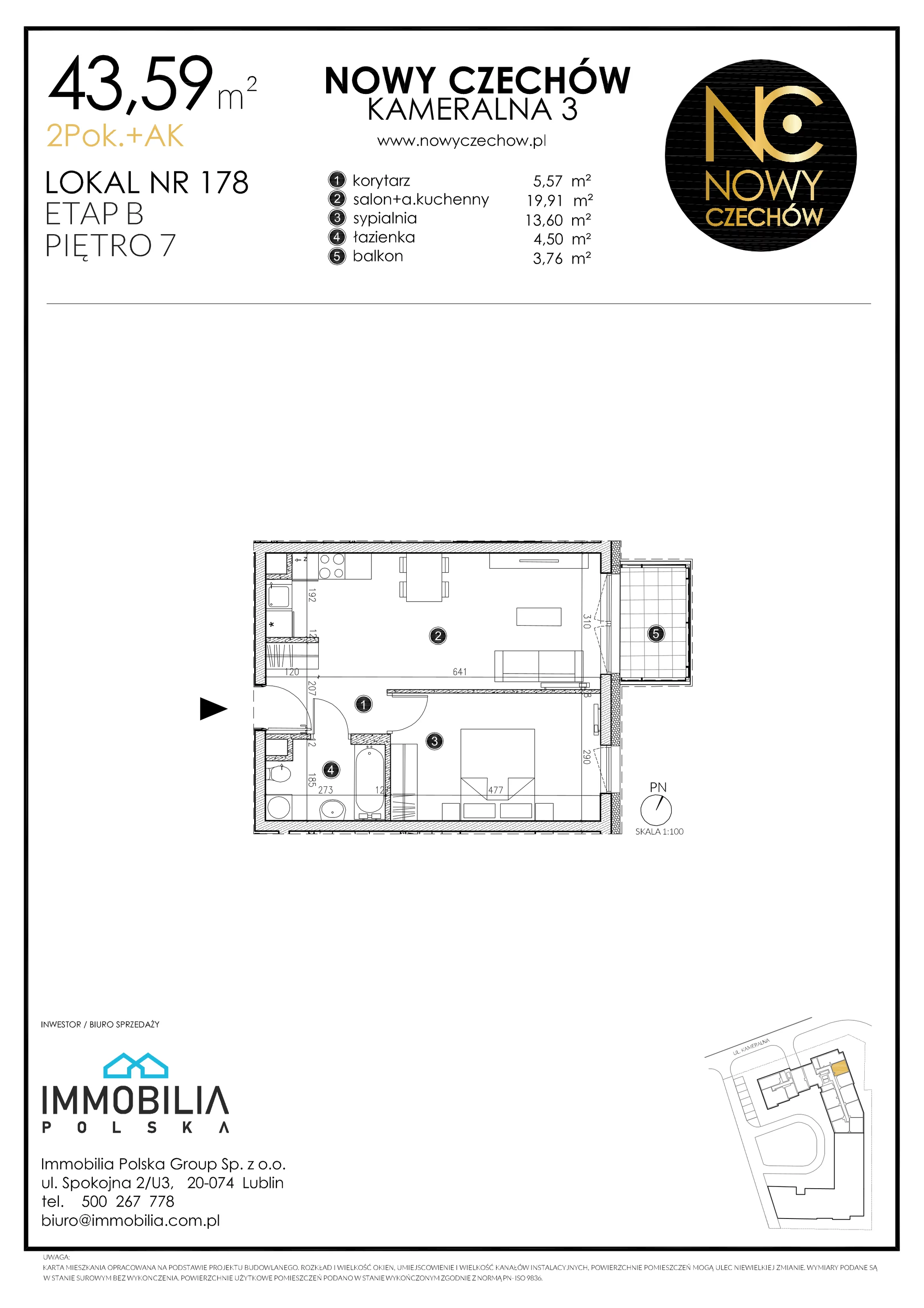 2 pokoje, mieszkanie 43,59 m², piętro 7, oferta nr 178, Nowy Czechów, Lublin, Czechów Południowy, ul. Kameralna 3