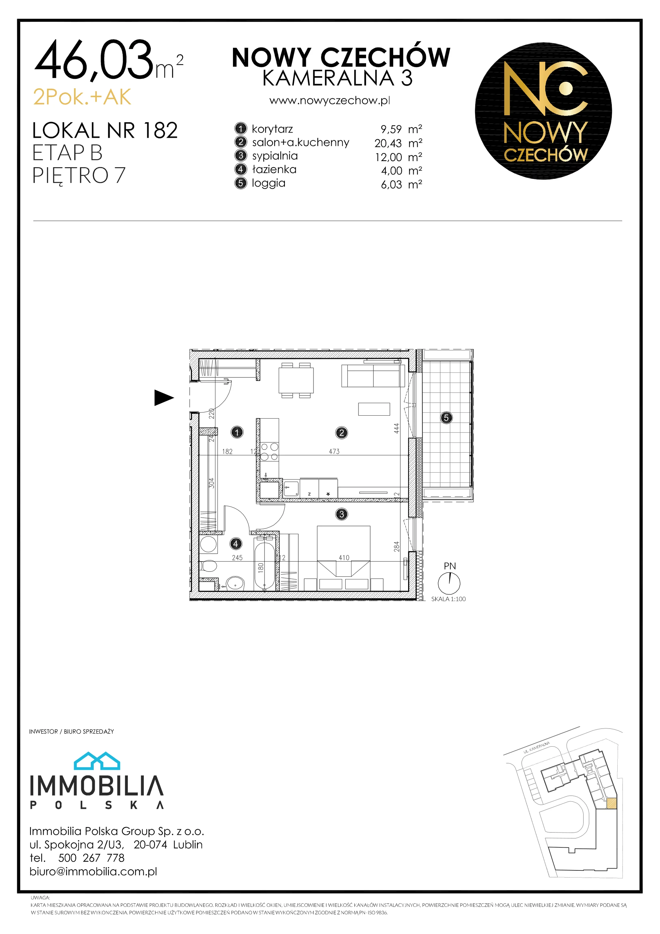 2 pokoje, mieszkanie 46,03 m², piętro 7, oferta nr 182, Nowy Czechów, Lublin, Czechów Południowy, ul. Kameralna 3