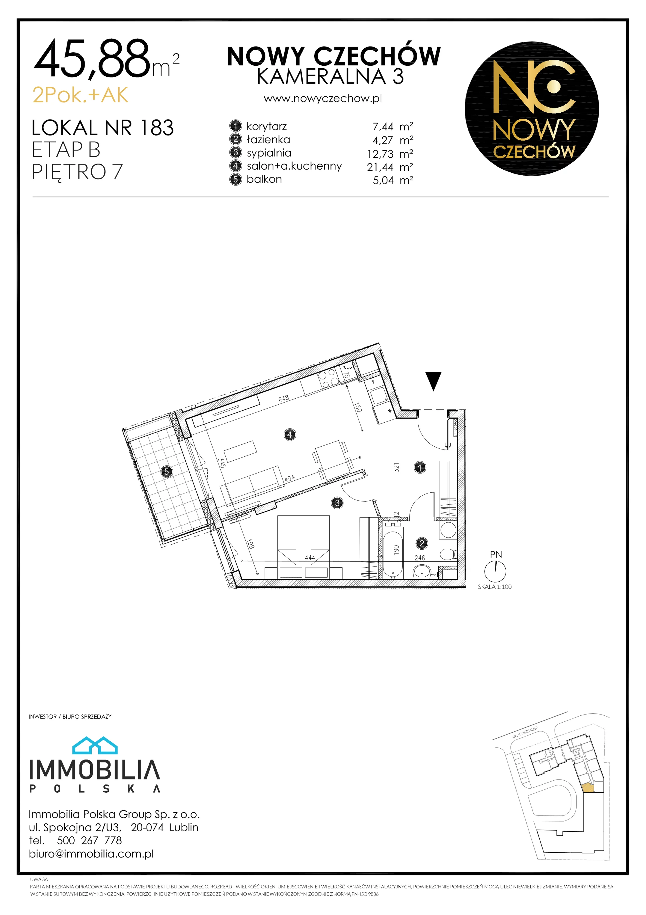2 pokoje, mieszkanie 45,88 m², piętro 7, oferta nr 183, Nowy Czechów, Lublin, Czechów Południowy, ul. Kameralna 3