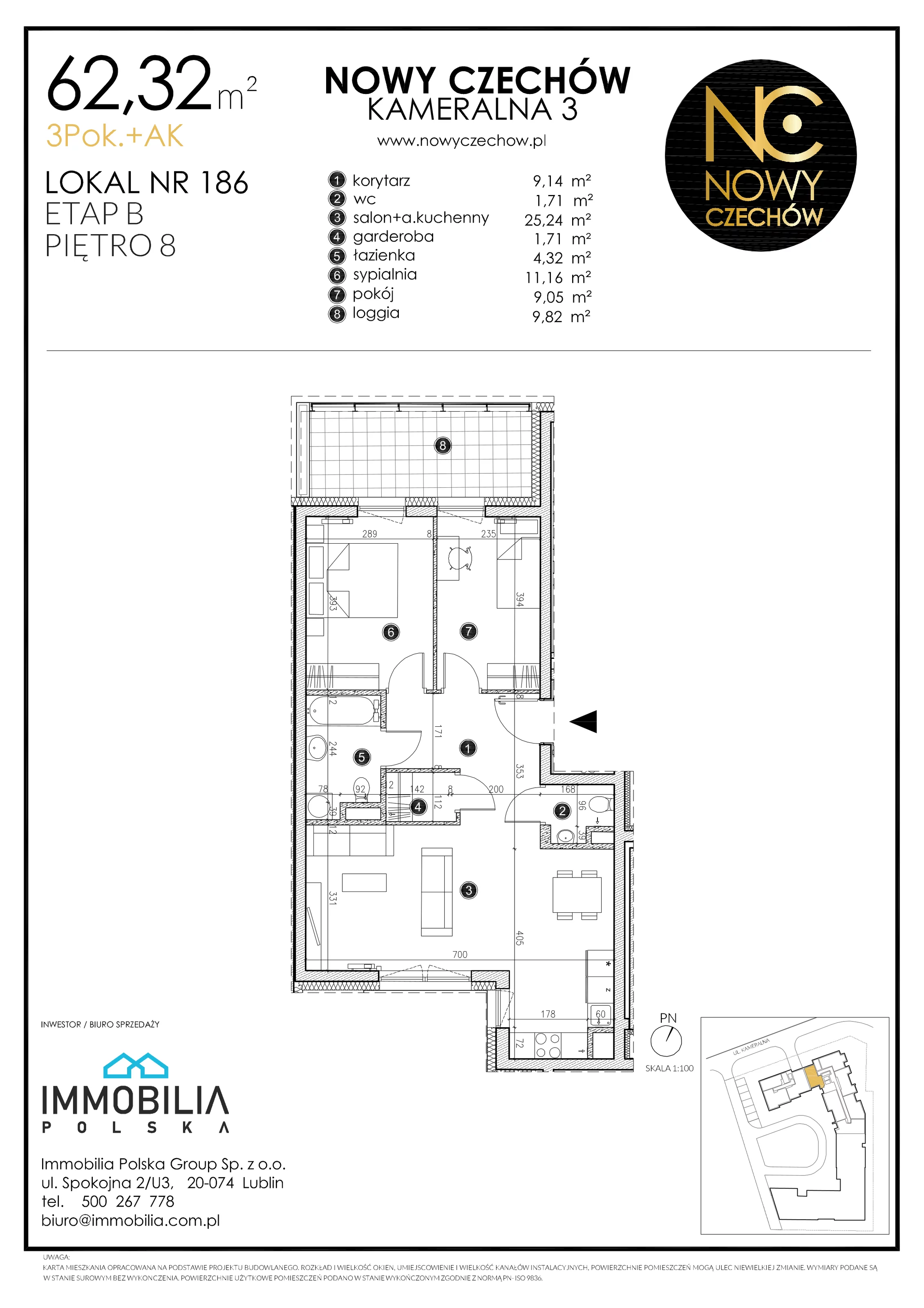 3 pokoje, mieszkanie 62,32 m², piętro 8, oferta nr 186, Nowy Czechów, Lublin, Czechów Południowy, ul. Kameralna 3