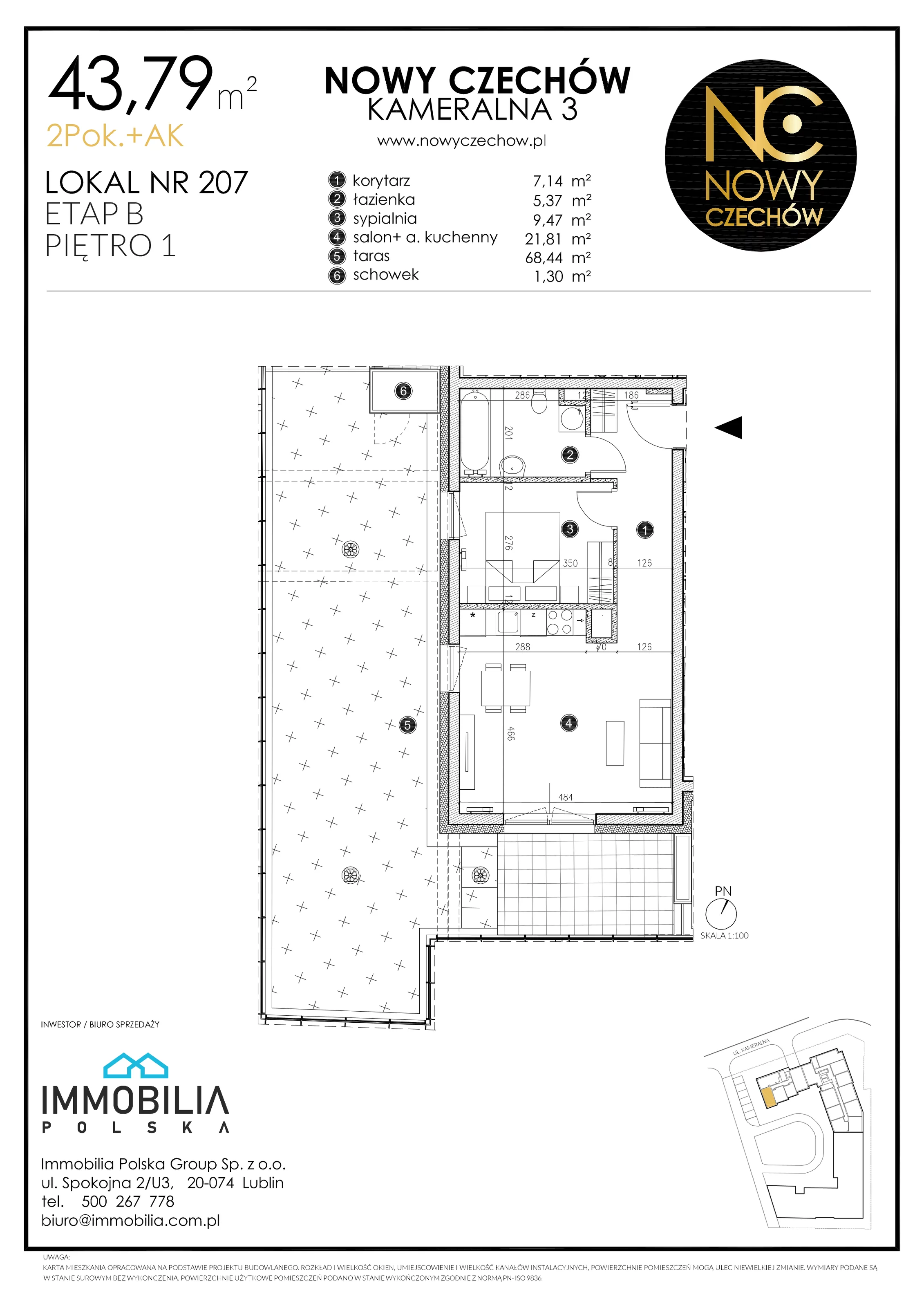 2 pokoje, mieszkanie 43,79 m², piętro 1, oferta nr 207, Nowy Czechów, Lublin, Czechów Południowy, ul. Kameralna 3