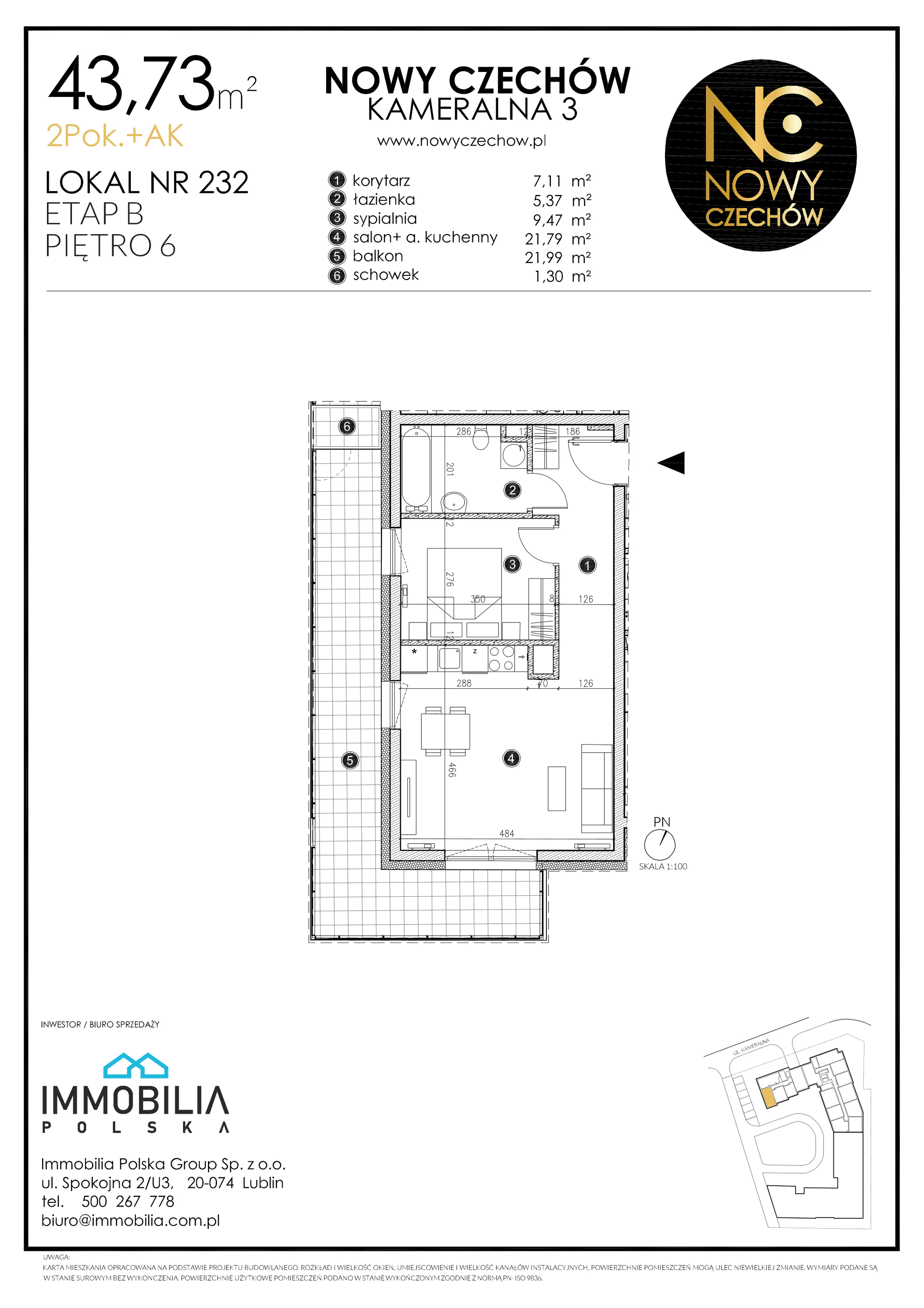 2 pokoje, mieszkanie 43,73 m², piętro 6, oferta nr 232, Nowy Czechów, Lublin, Czechów Południowy, ul. Kameralna 3
