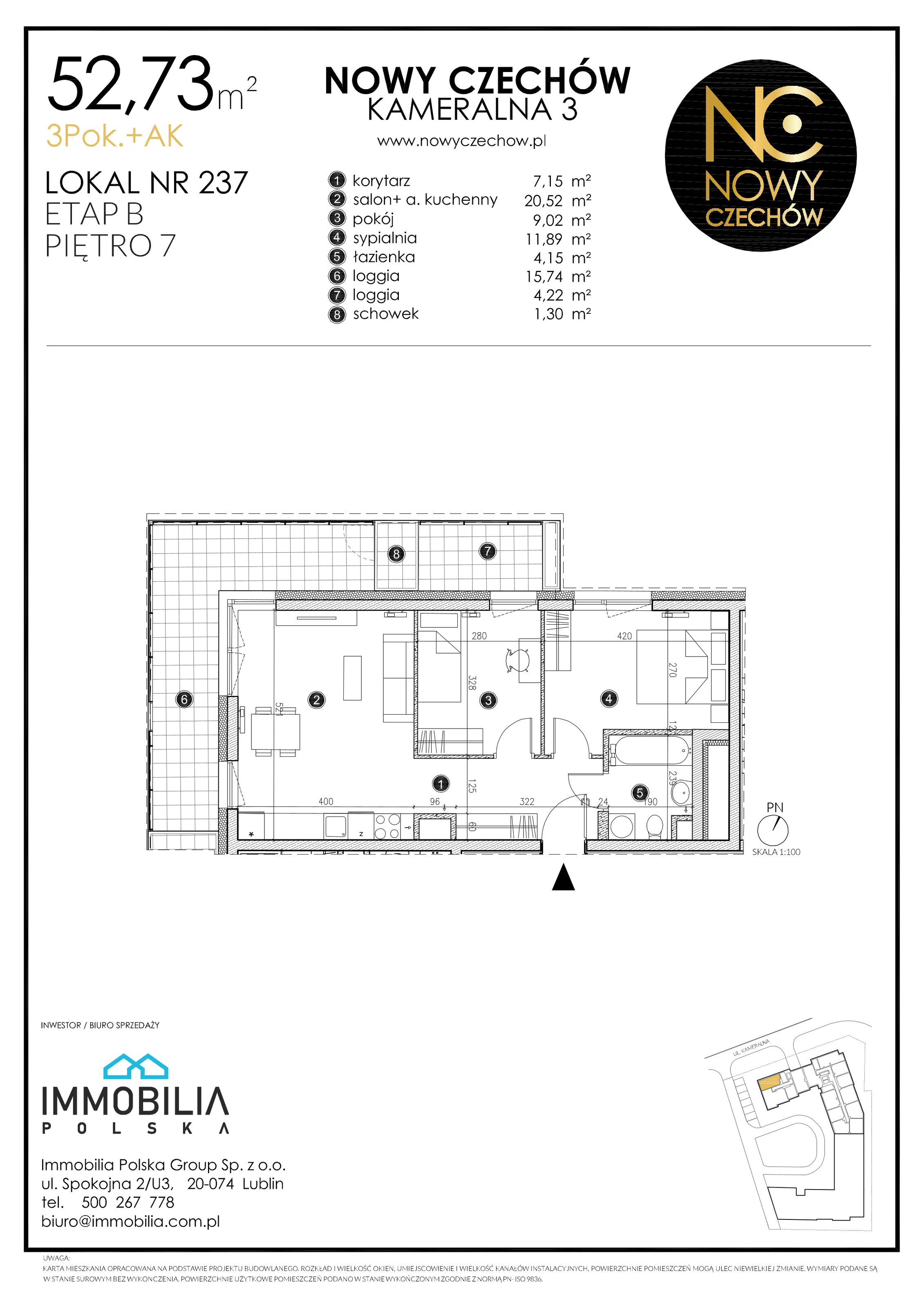 3 pokoje, mieszkanie 52,73 m², piętro 7, oferta nr 237, Nowy Czechów, Lublin, Czechów Południowy, ul. Kameralna 3
